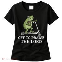 Off To Praise The Lord Funny Christian Frog Meme Women's T-Shirt thumb 0