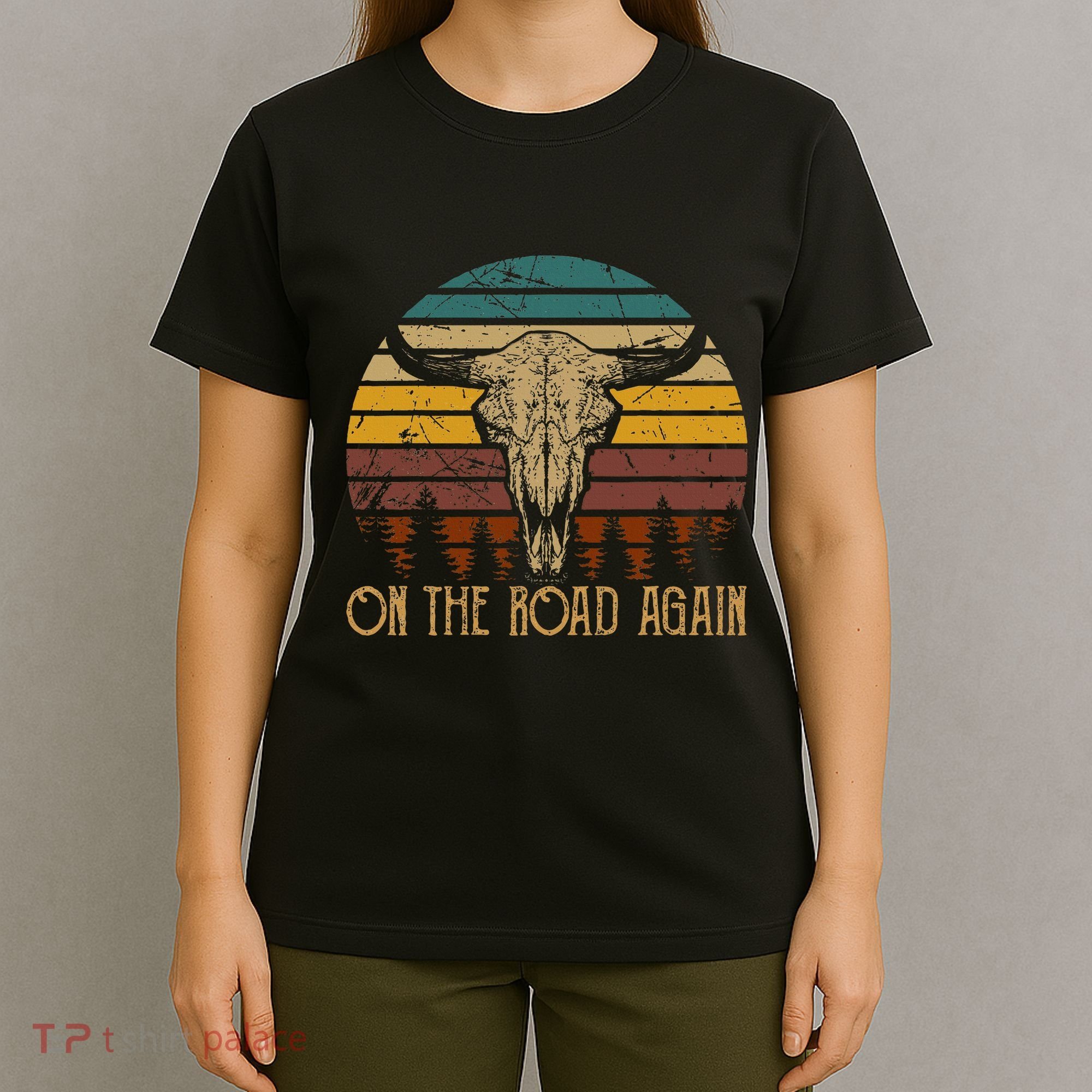 On The Road Again Outlaws Music Bull Skull Love Cowboy Boots T-Shirt