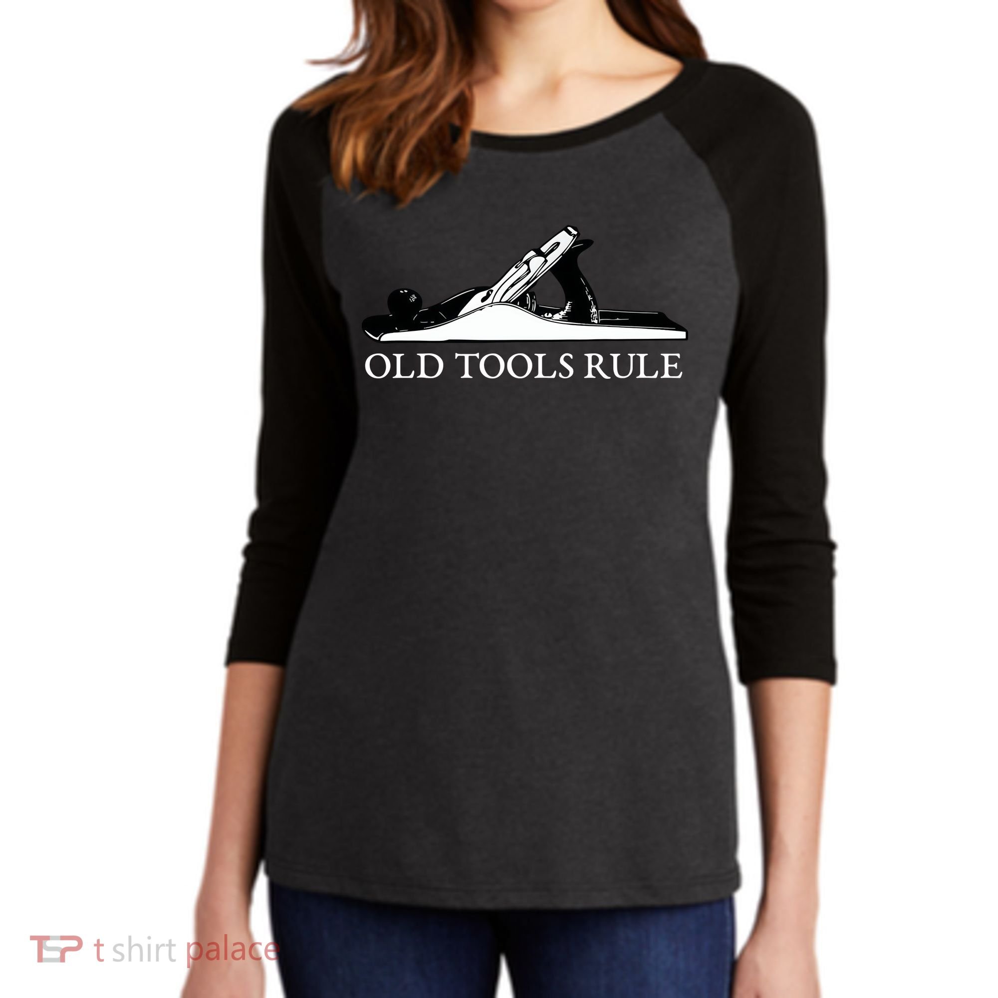 OLD TOOLS RULE HAND PLANE WOODWORKING MAN CAVE Women's Tri-Blend 3/4-Sleeve Raglan Shirt