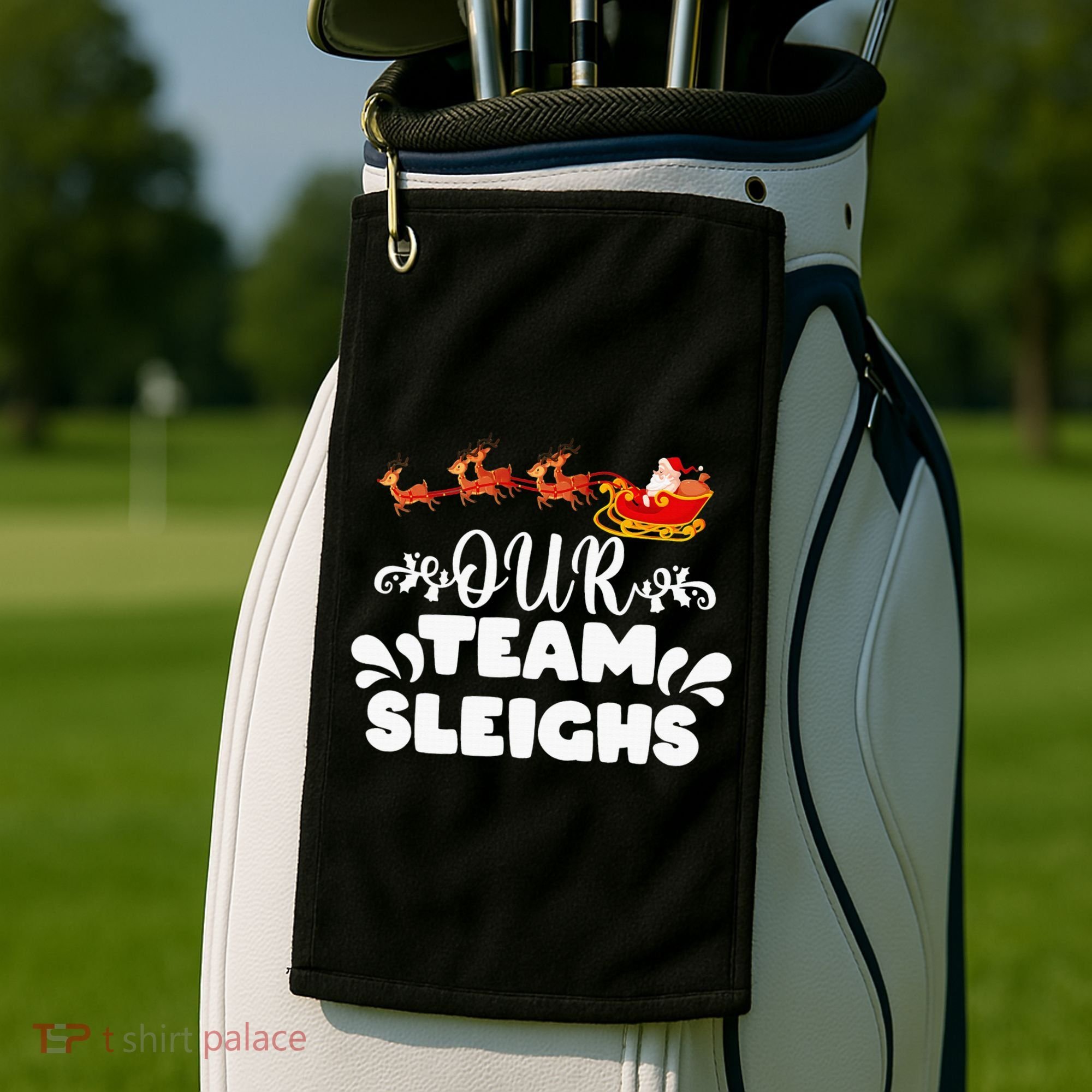 Our Team Sleighs Christmas Reindeers Santa's Workers Office Golf Towel