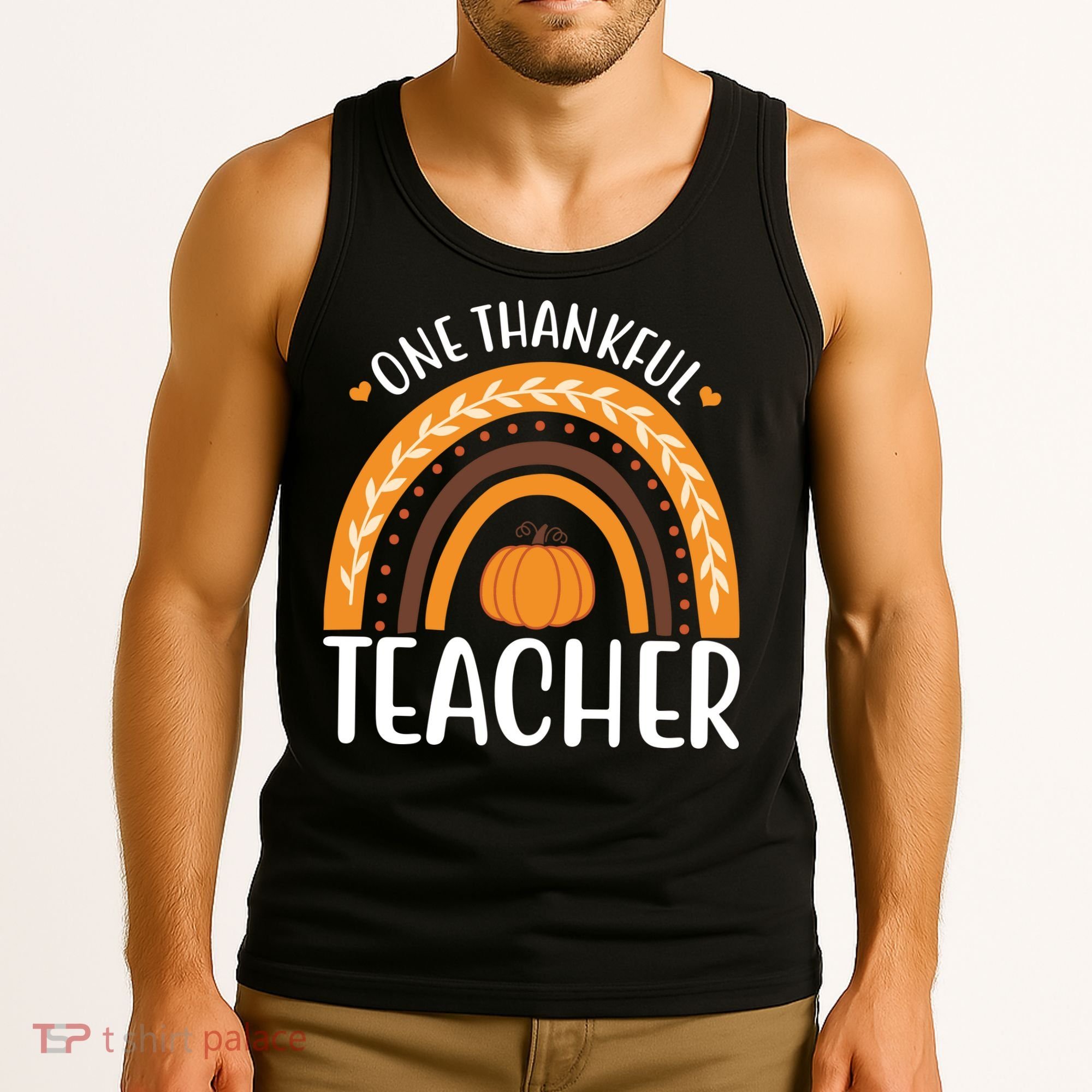 One Thankful Teacher Rainbow Pumpkin Thanksgiving Tank Top