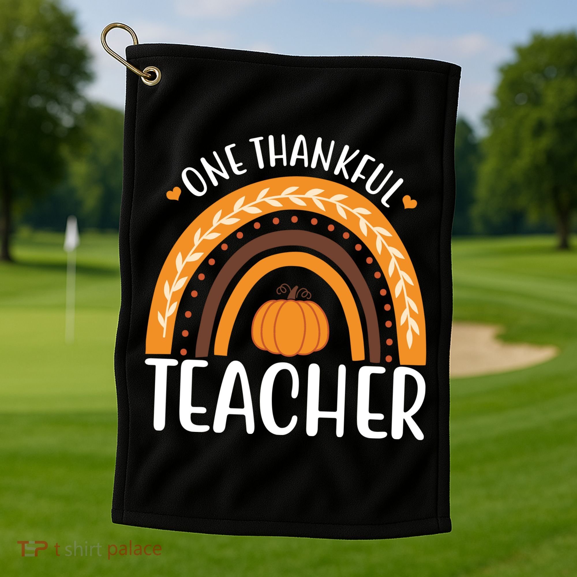 One Thankful Teacher Rainbow Pumpkin Thanksgiving Golf Towel
