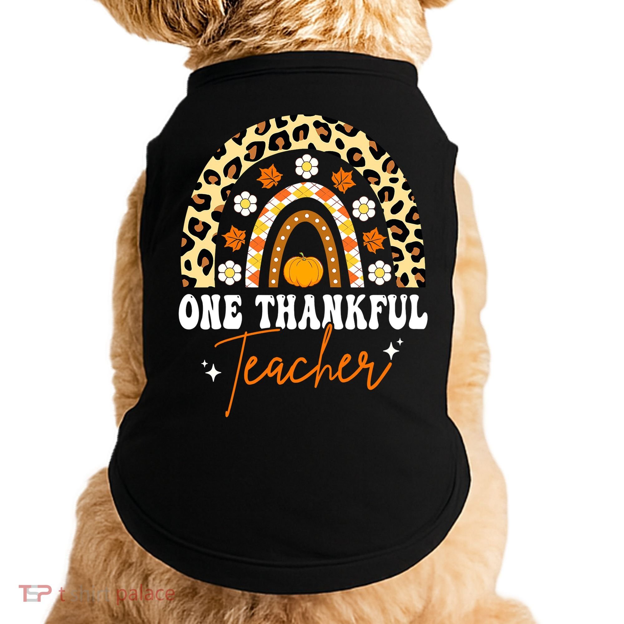 One Thankful Teacher Thanksgiving Fall Autumn Groovy Leopard Doggie Tank