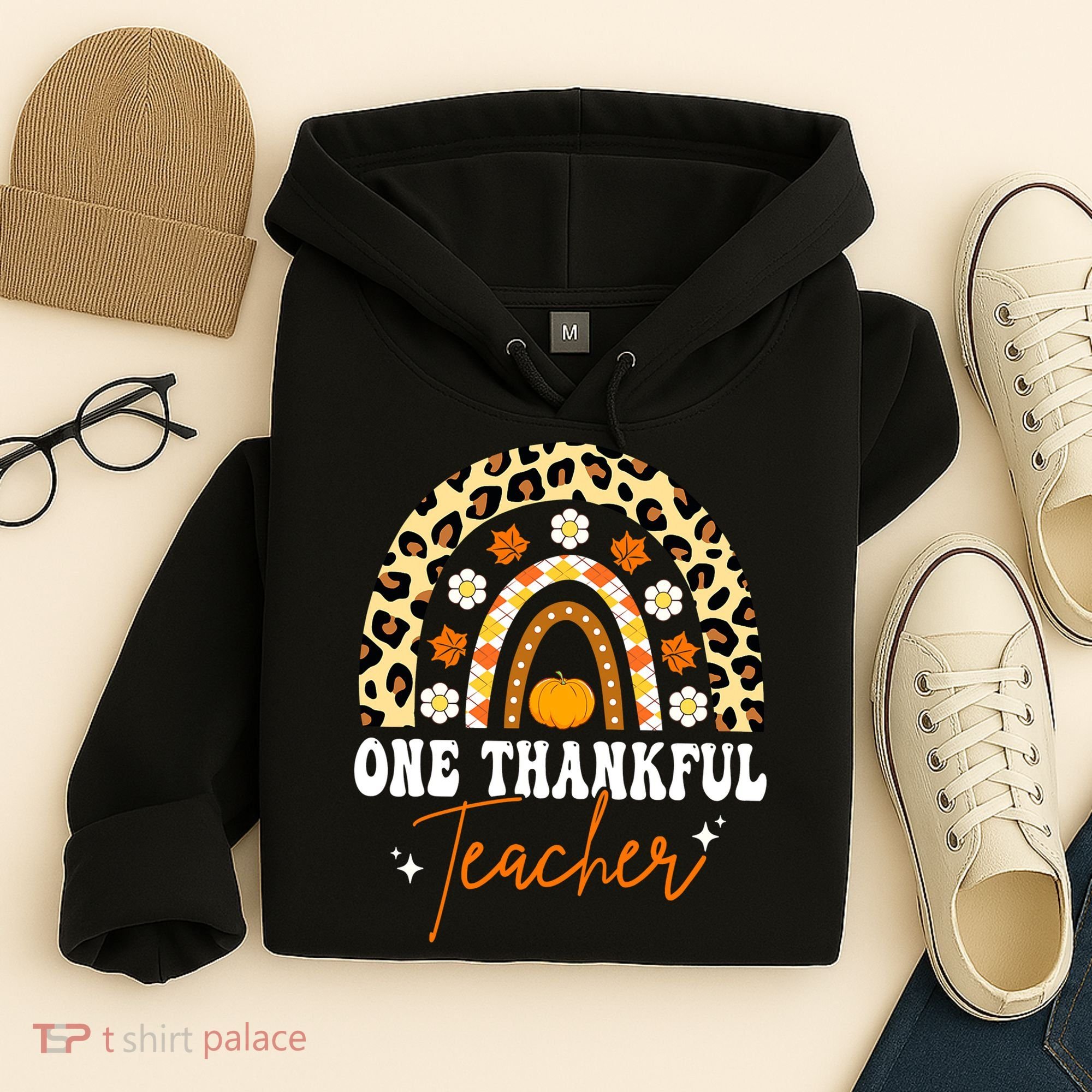 One Thankful Teacher Thanksgiving Fall Autumn Groovy Leopard Hoodie