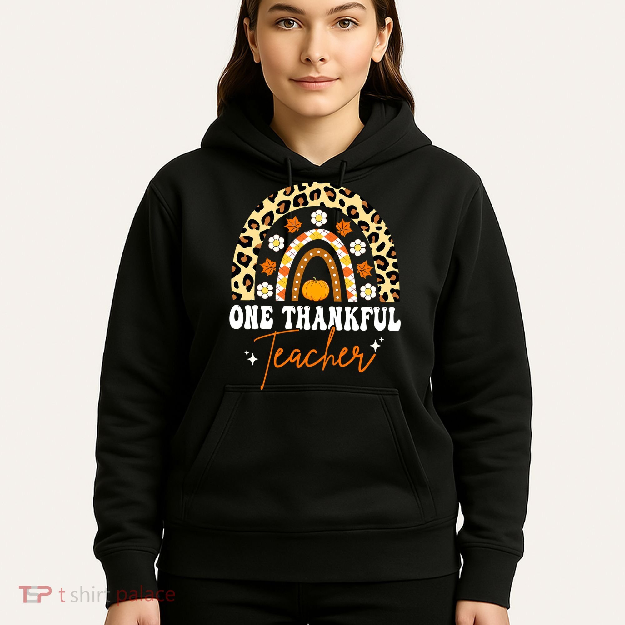 One Thankful Teacher Thanksgiving Fall Autumn Groovy Leopard Hoodie