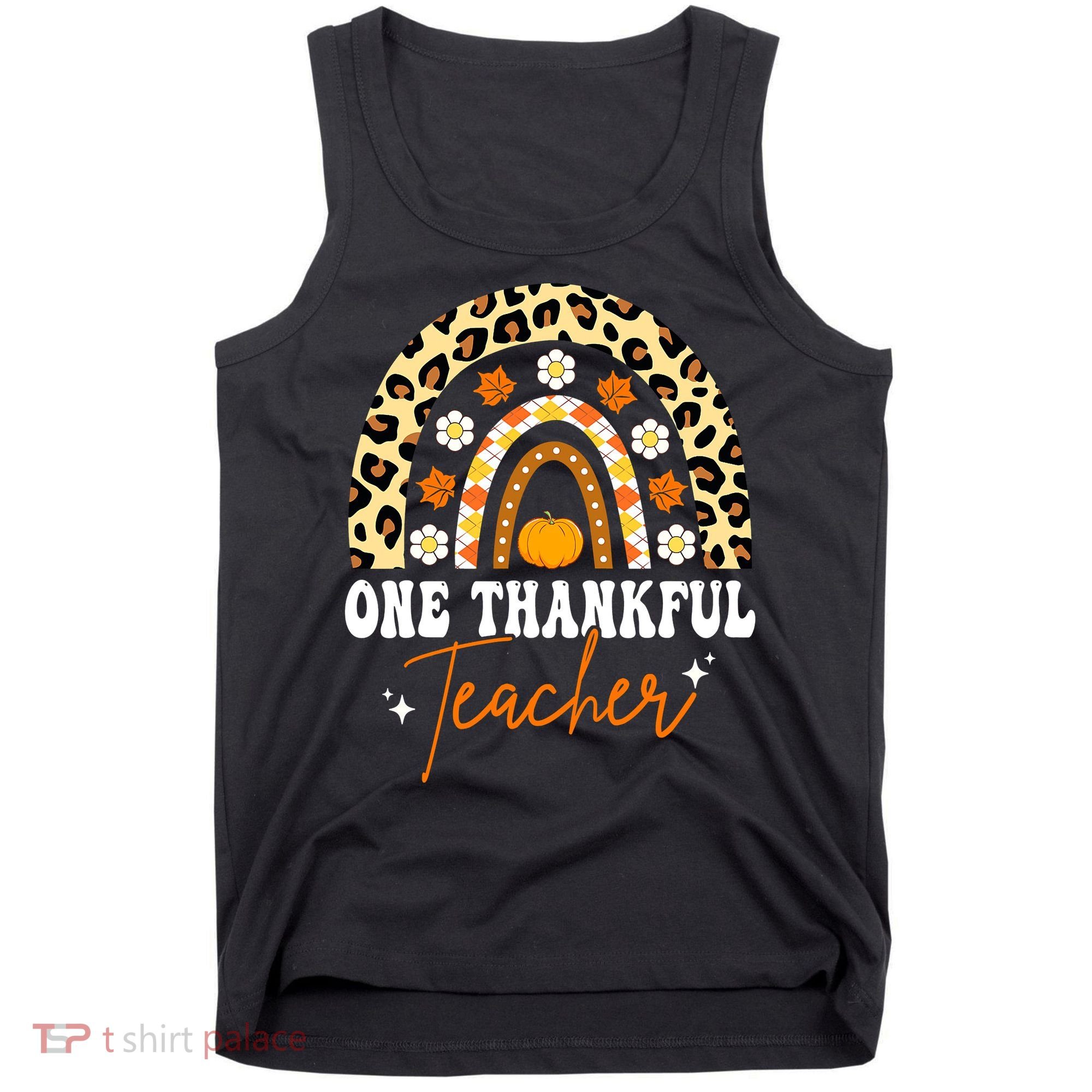One Thankful Teacher Thanksgiving Fall Autumn Groovy Leopard Tank Top
