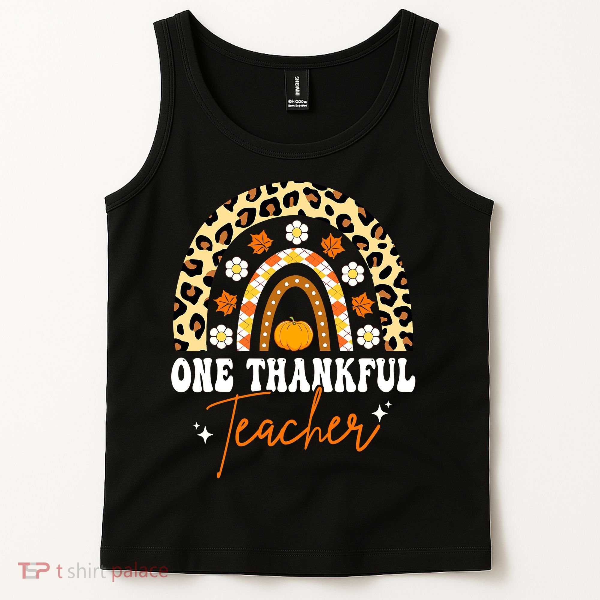 One Thankful Teacher Thanksgiving Fall Autumn Groovy Leopard Tank Top