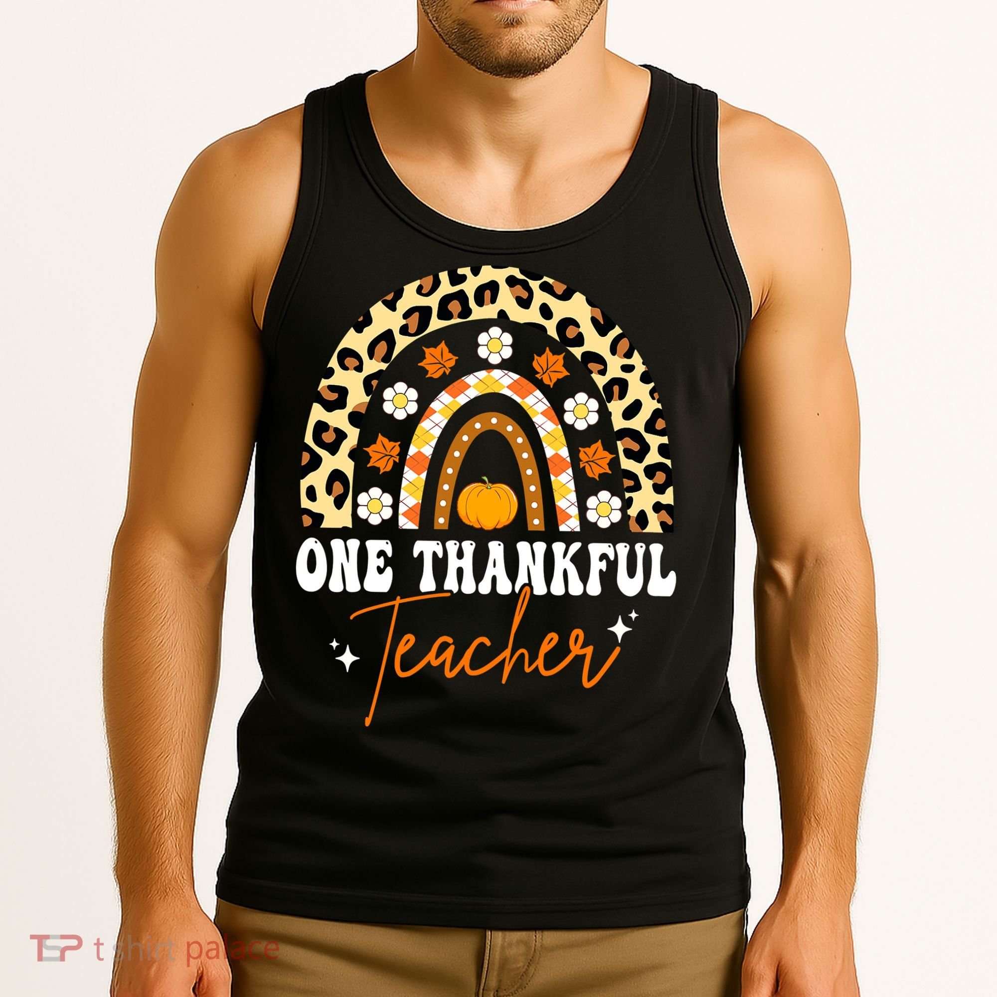 One Thankful Teacher Thanksgiving Fall Autumn Groovy Leopard Tank Top