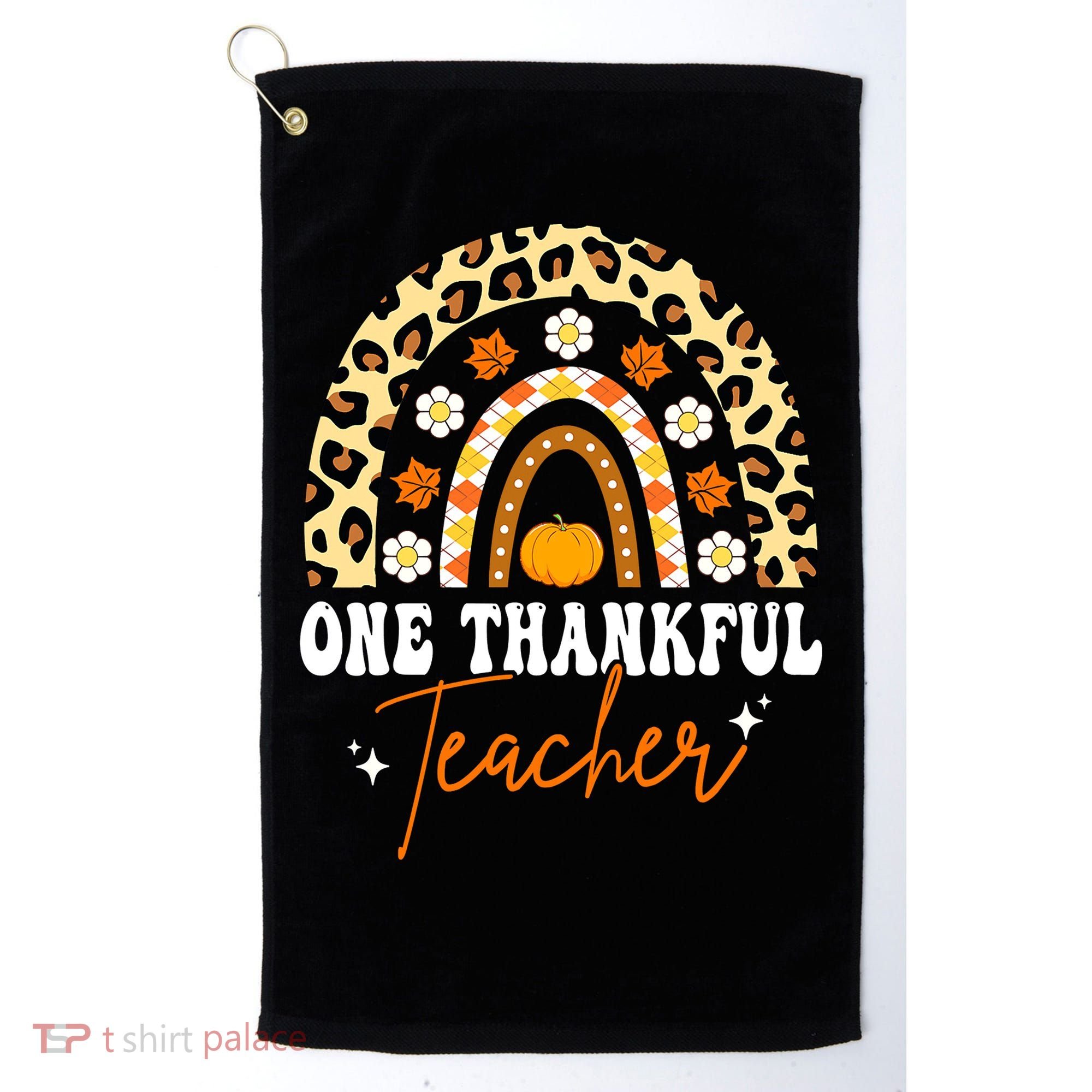 One Thankful Teacher Thanksgiving Fall Autumn Groovy Leopard Golf Towel