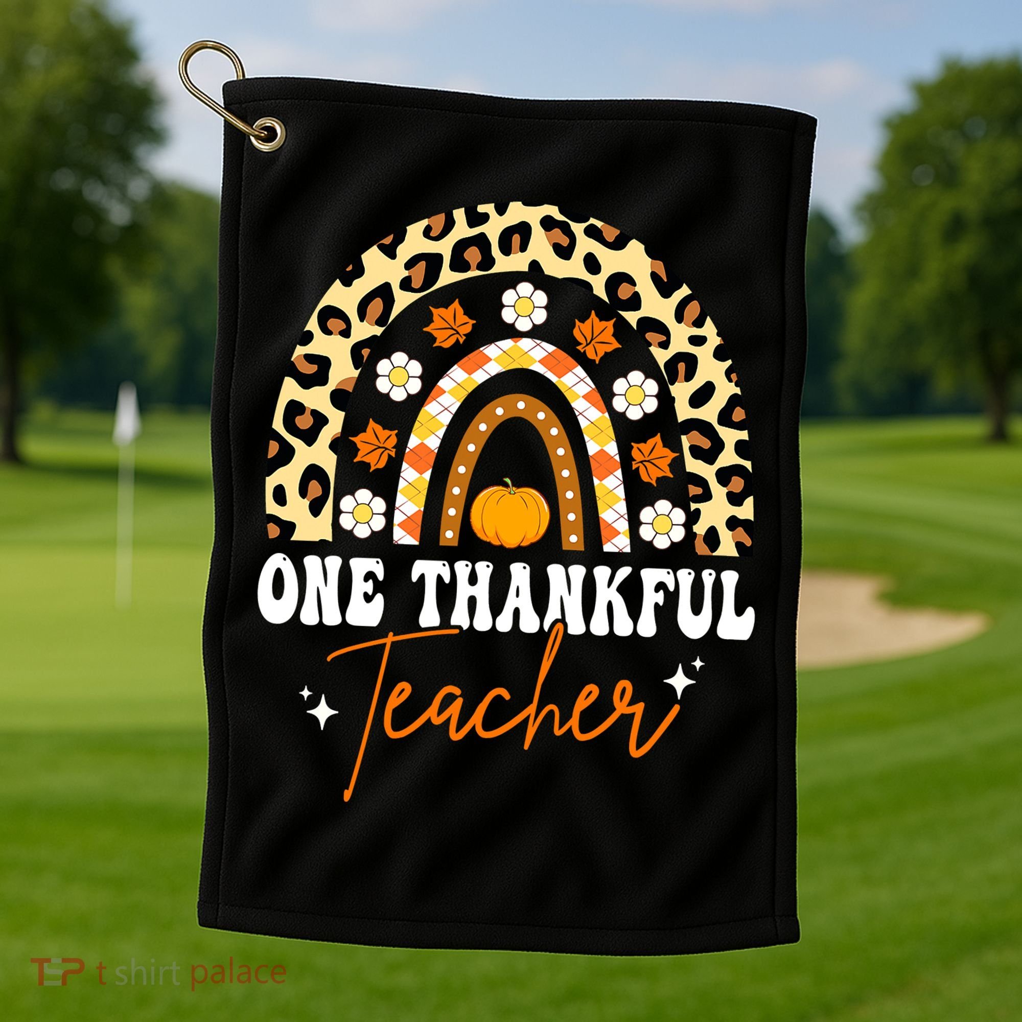 One Thankful Teacher Thanksgiving Fall Autumn Groovy Leopard Golf Towel