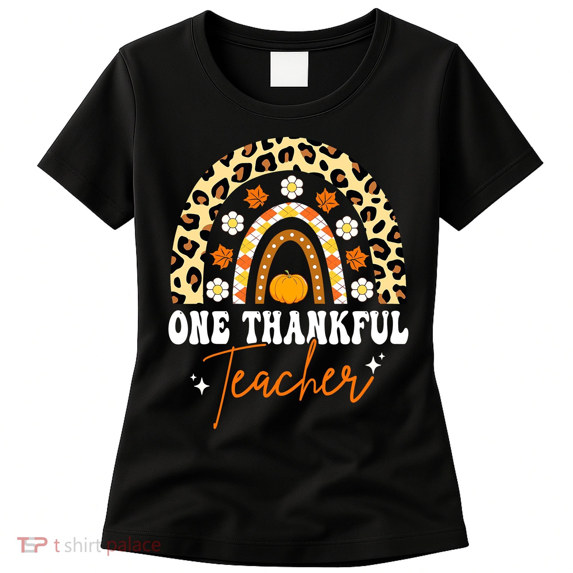 One Thankful Teacher Thanksgiving Fall Autumn Groovy Leopard Women's T-Shirt