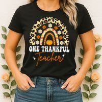 One Thankful Teacher Thanksgiving Fall Autumn Groovy Leopard Women's T-Shirt thumb 2