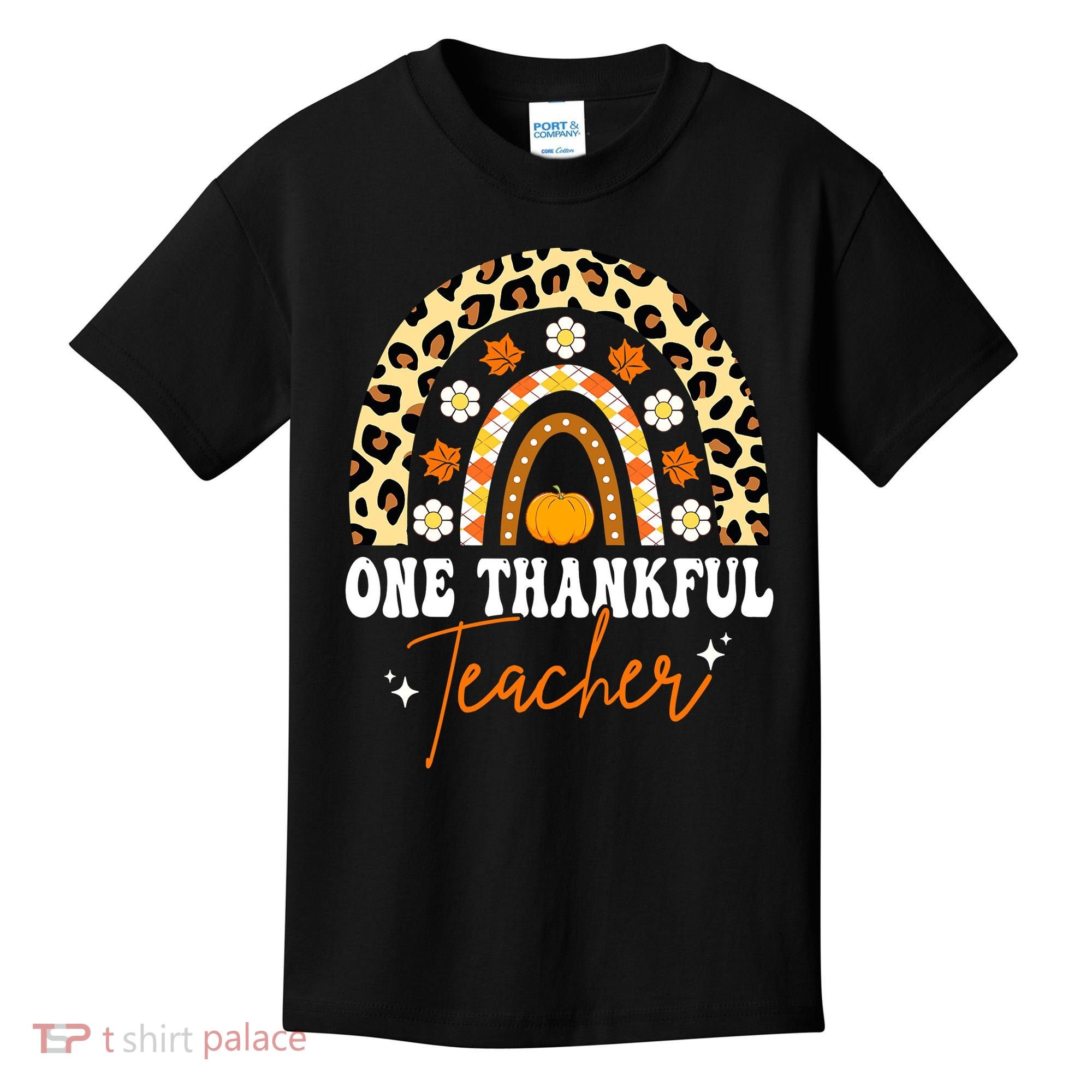One Thankful Teacher Thanksgiving Fall Autumn Groovy Leopard Kids T-Shirt