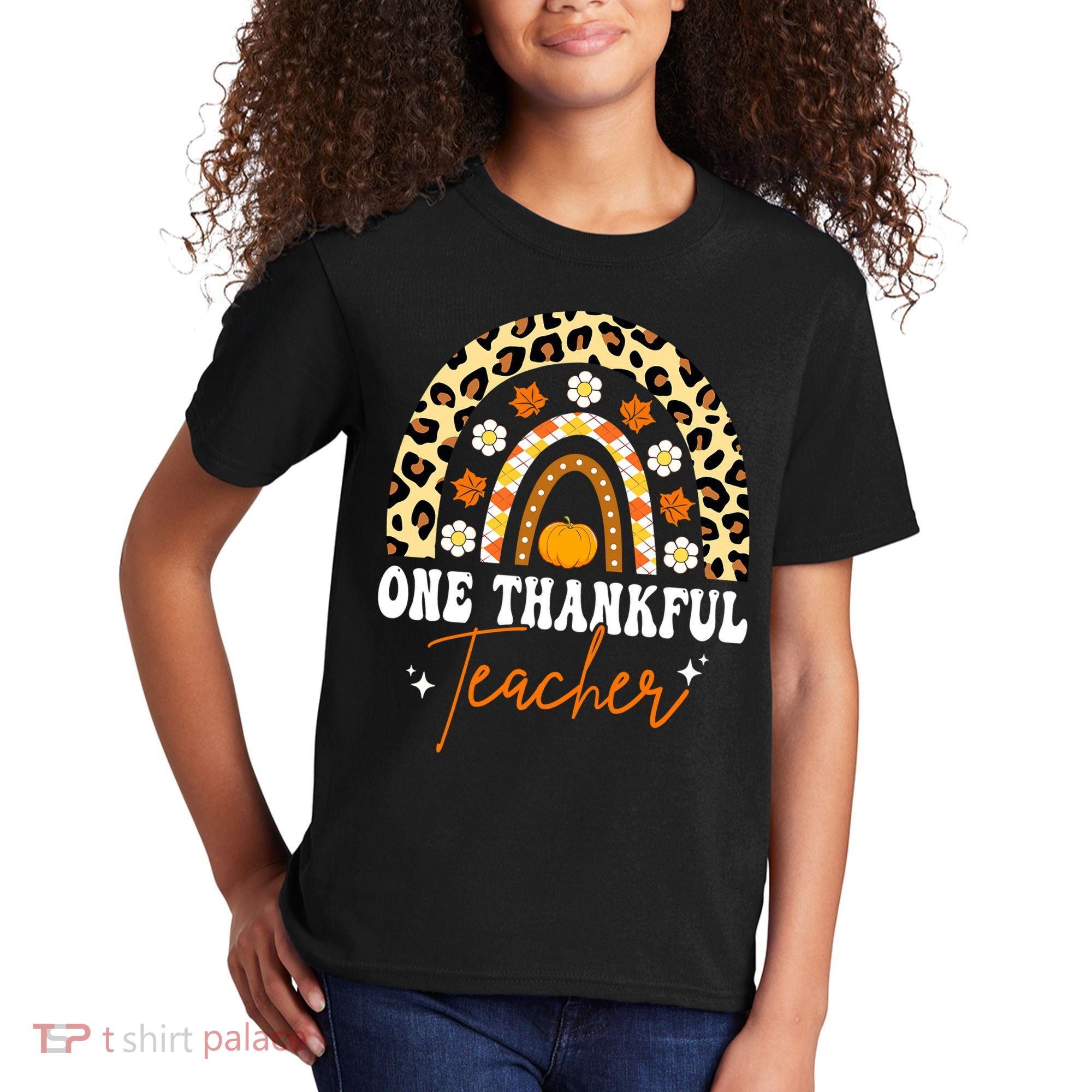 One Thankful Teacher Thanksgiving Fall Autumn Groovy Leopard Kids T-Shirt
