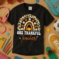 One Thankful Teacher Thanksgiving Fall Autumn Groovy Leopard Kids T-Shirt thumb 3