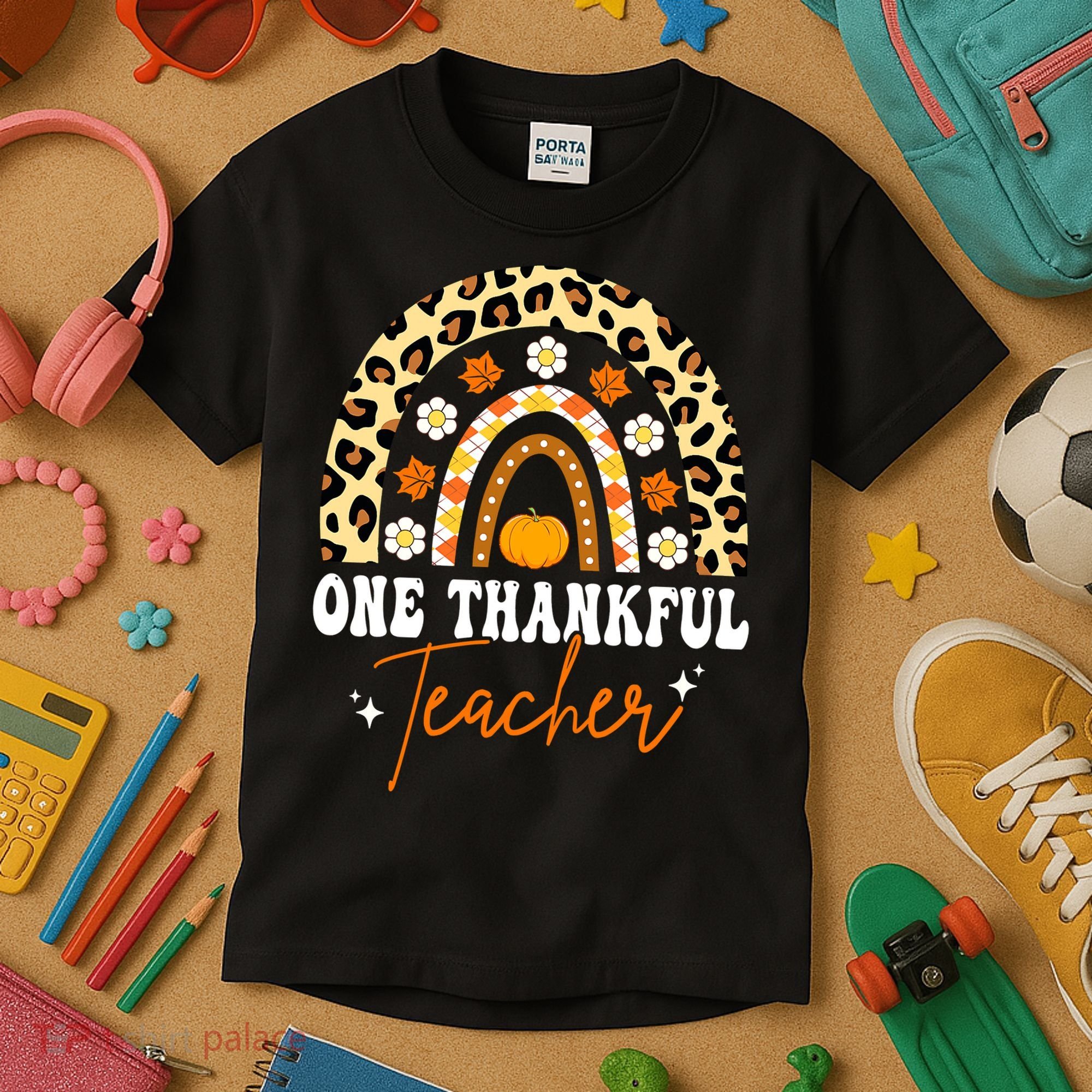 One Thankful Teacher Thanksgiving Fall Autumn Groovy Leopard Kids T-Shirt