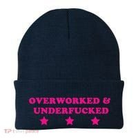 Overworked & Under Funny Meme Beanie thumb 0