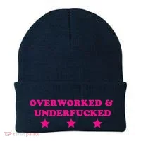 Overworked & Under Funny Meme Beanie thumb 0