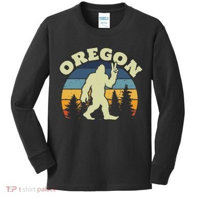 Oregon Us State Bigfoot Sasquatch Silhouette Retro Kids Long Sleeve Shirt