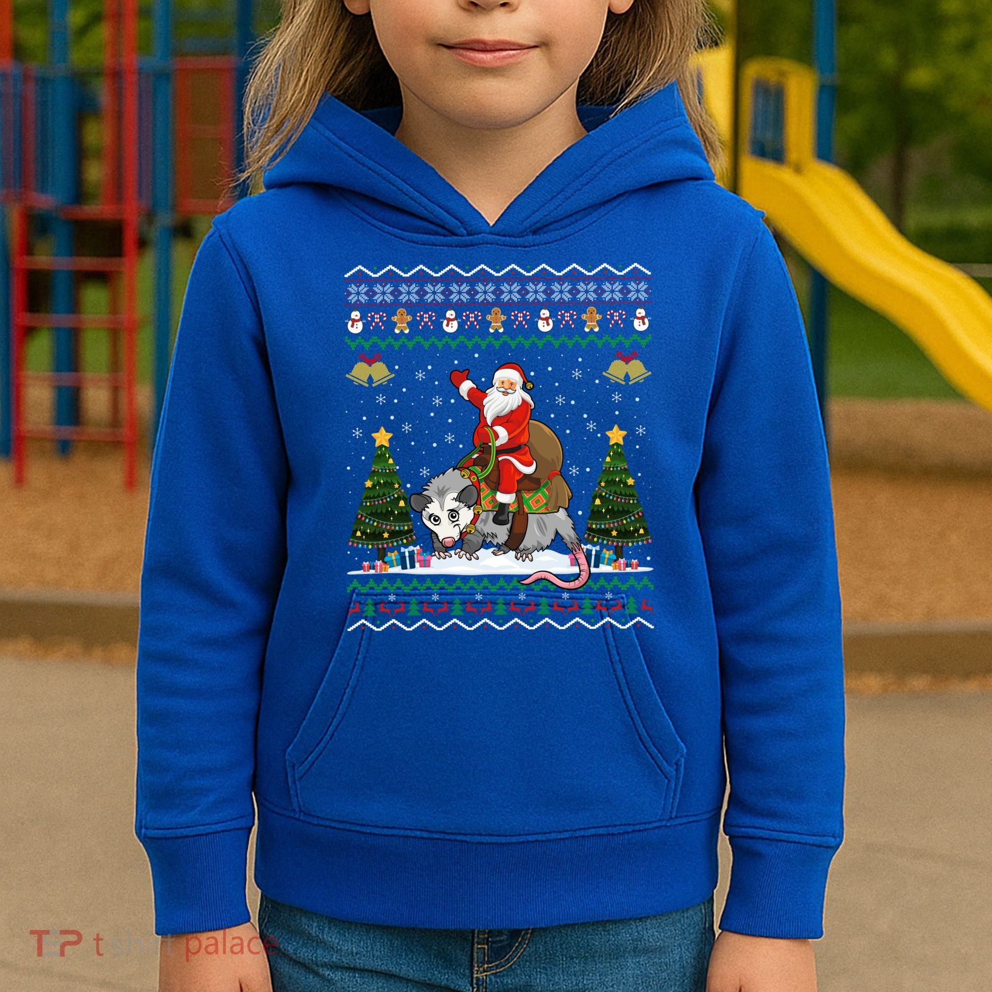 Opossum Ugly Xmas Gift Santa Riding Opossum Christmas Gift Kids Hoodie