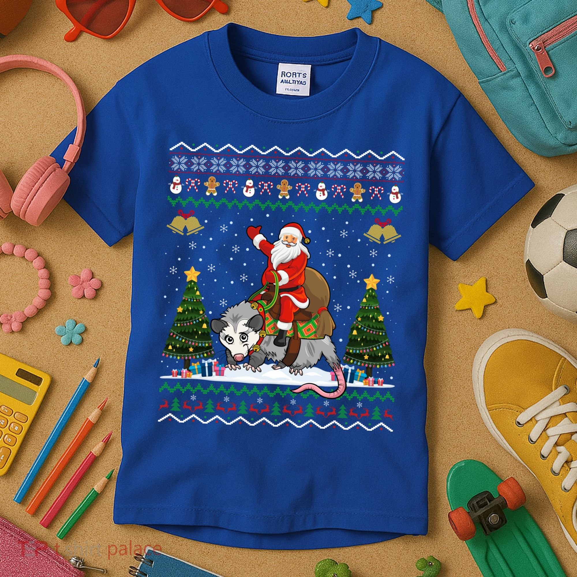 Opossum Ugly Xmas Gift Santa Riding Opossum Christmas Gift Kids T-Shirt