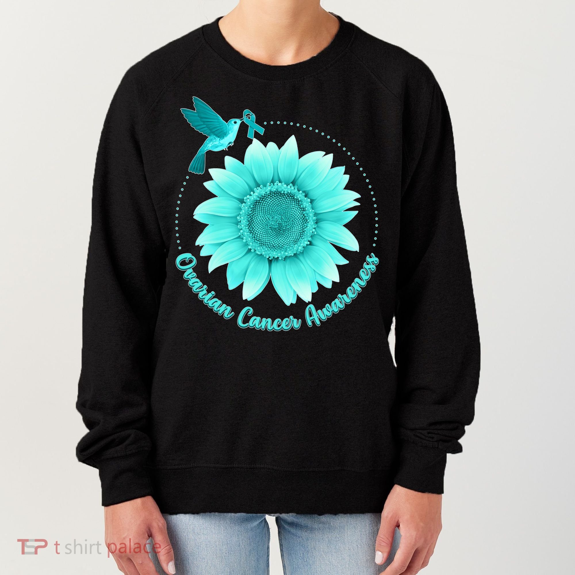 Ovarian Cancer Awareness Teal Hummingbird Sunflower Women's Sweatshirt
