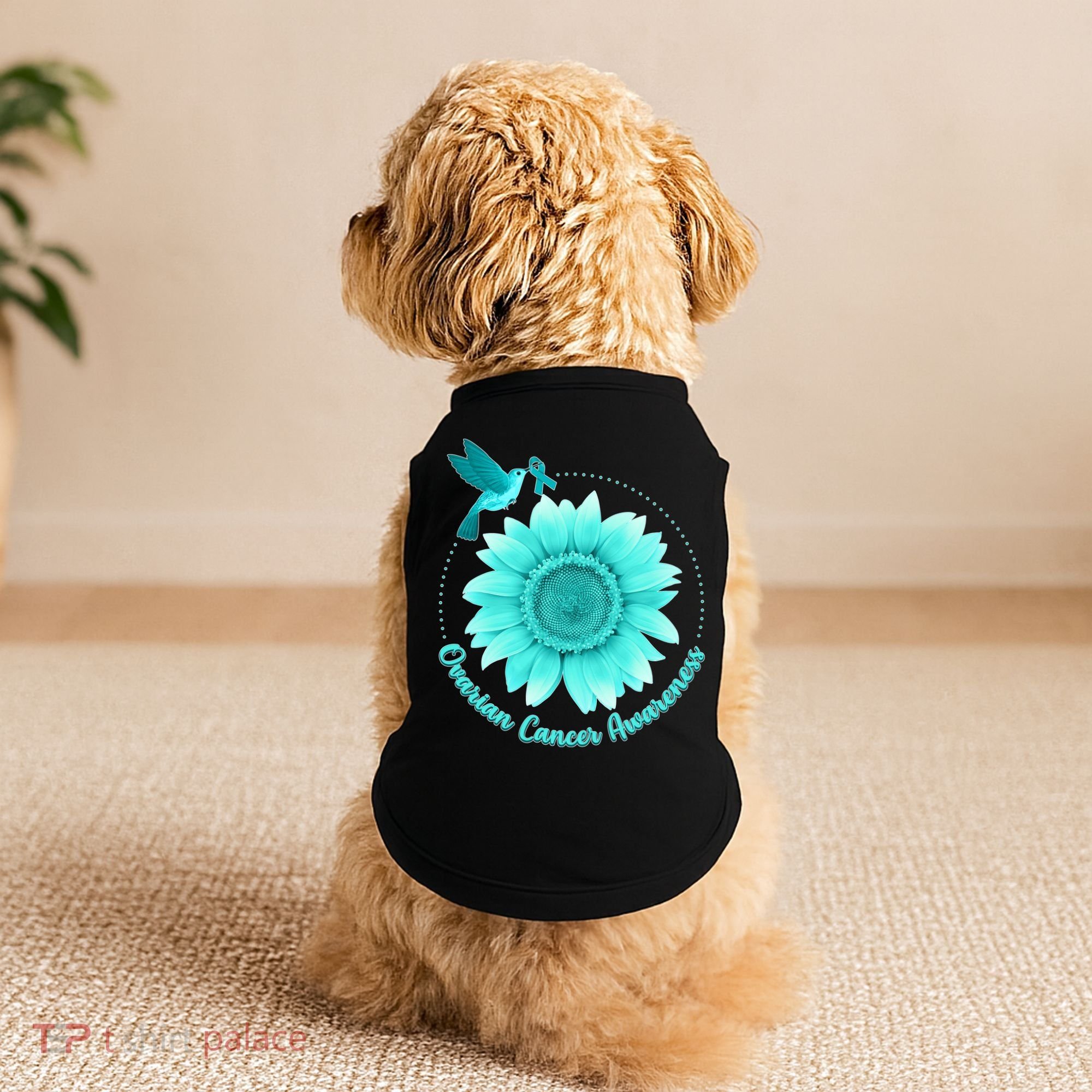 Ovarian Cancer Awareness Teal Hummingbird Sunflower Doggie Tank