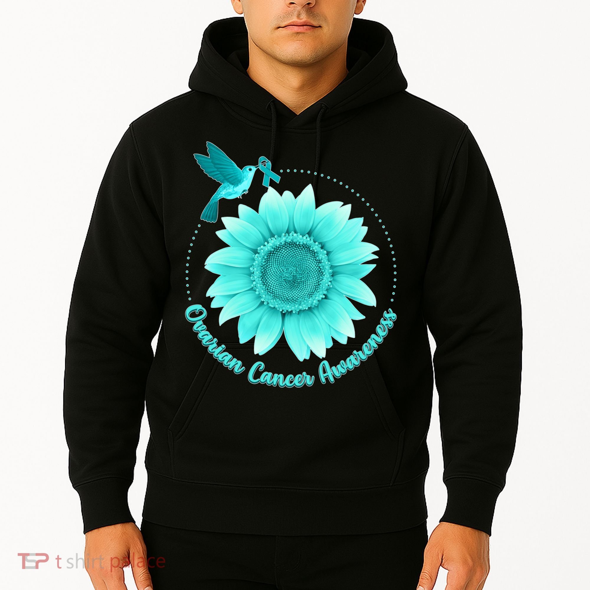 Ovarian Cancer Awareness Teal Hummingbird Sunflower Hoodie