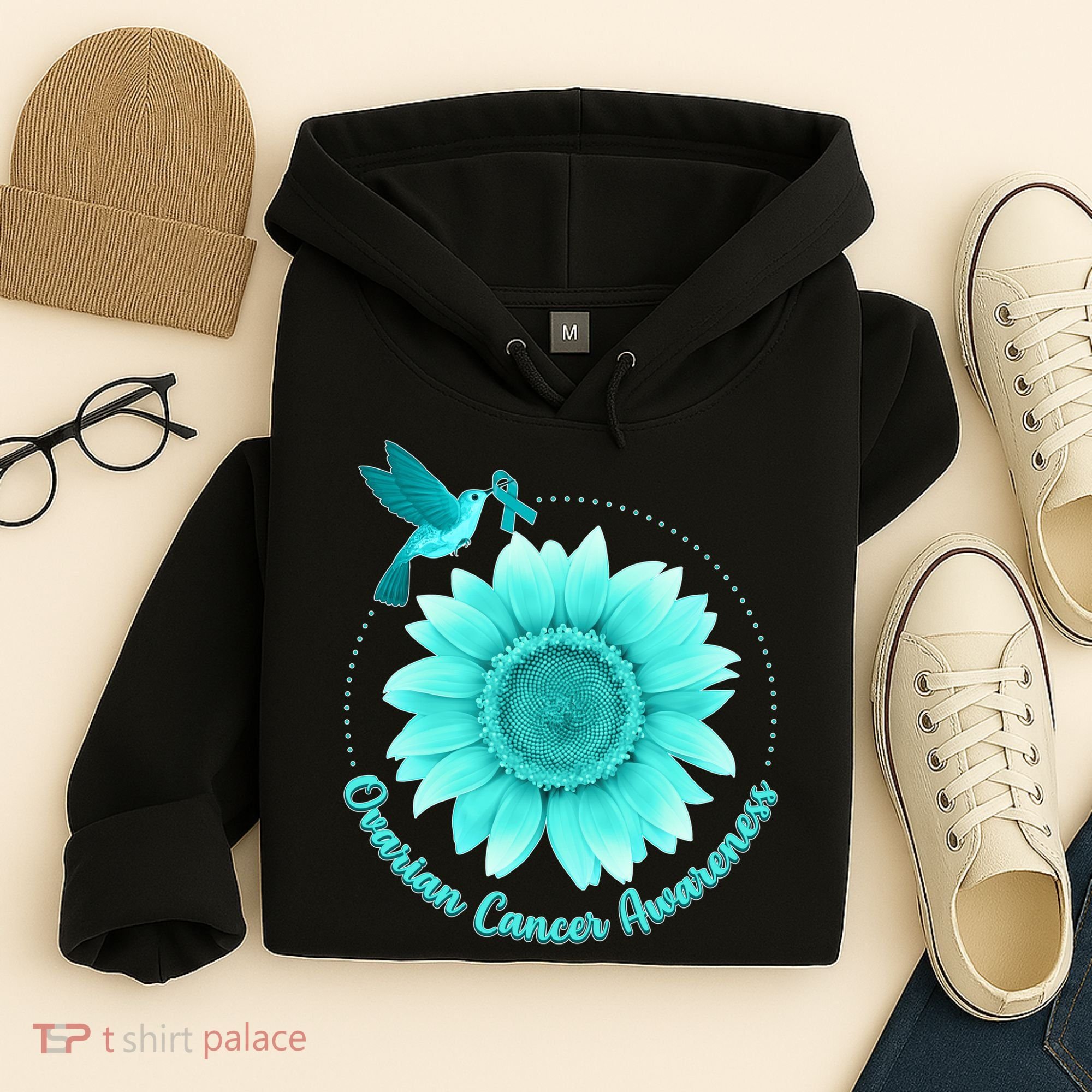 Ovarian Cancer Awareness Teal Hummingbird Sunflower Hoodie