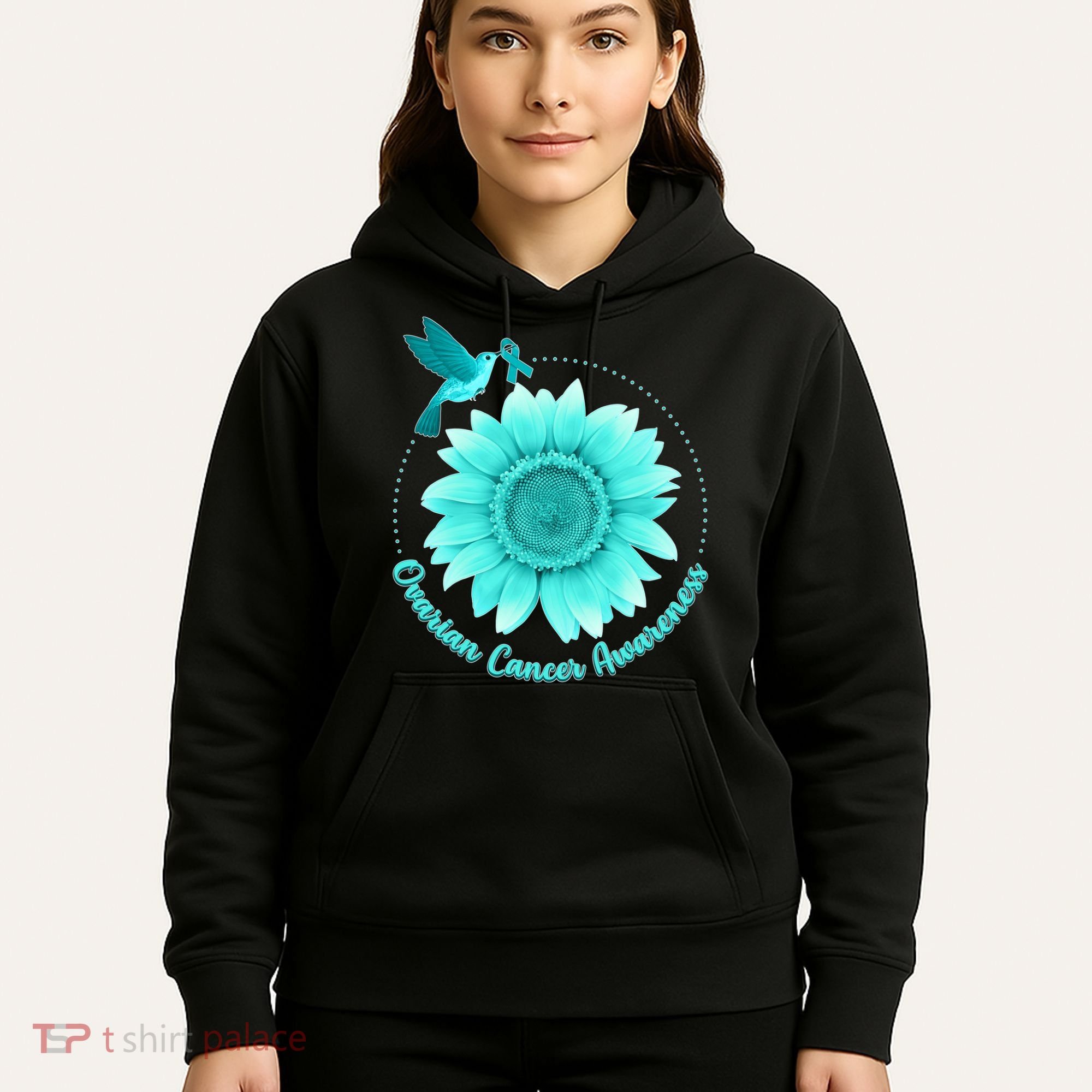 Ovarian Cancer Awareness Teal Hummingbird Sunflower Hoodie