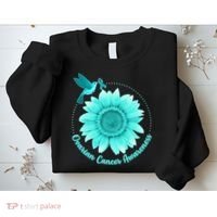 Ovarian Cancer Awareness Teal Hummingbird Sunflower Sweatshirt thumb 2