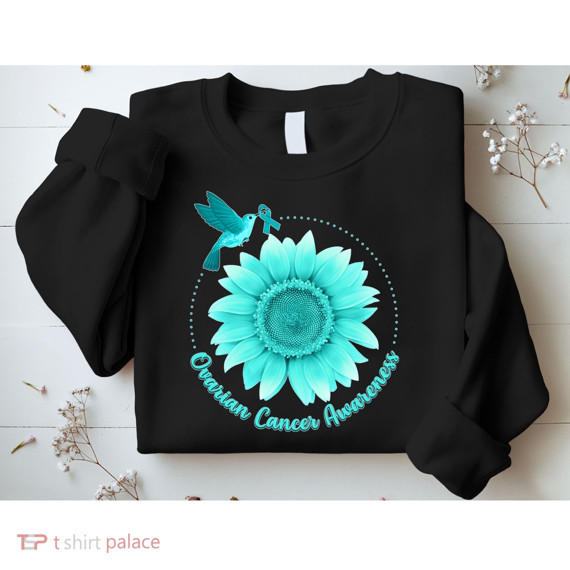 Ovarian Cancer Awareness Teal Hummingbird Sunflower Sweatshirt