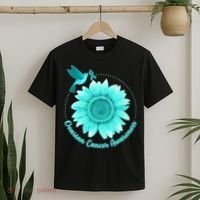 Ovarian Cancer Awareness Teal Hummingbird Sunflower T-Shirt thumb 2