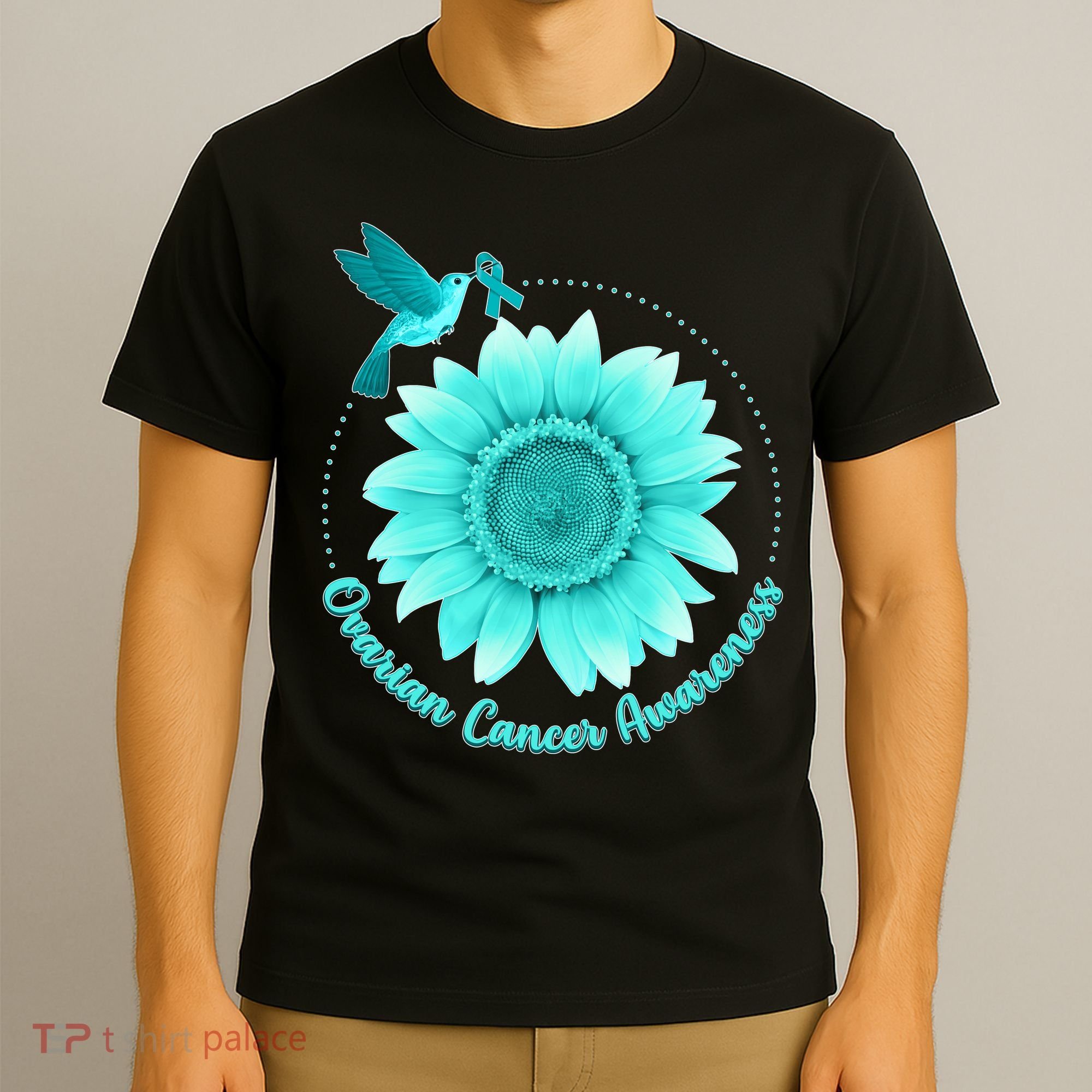 Ovarian Cancer Awareness Teal Hummingbird Sunflower T-Shirt