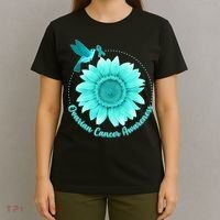 Ovarian Cancer Awareness Teal Hummingbird Sunflower T-Shirt thumb 4