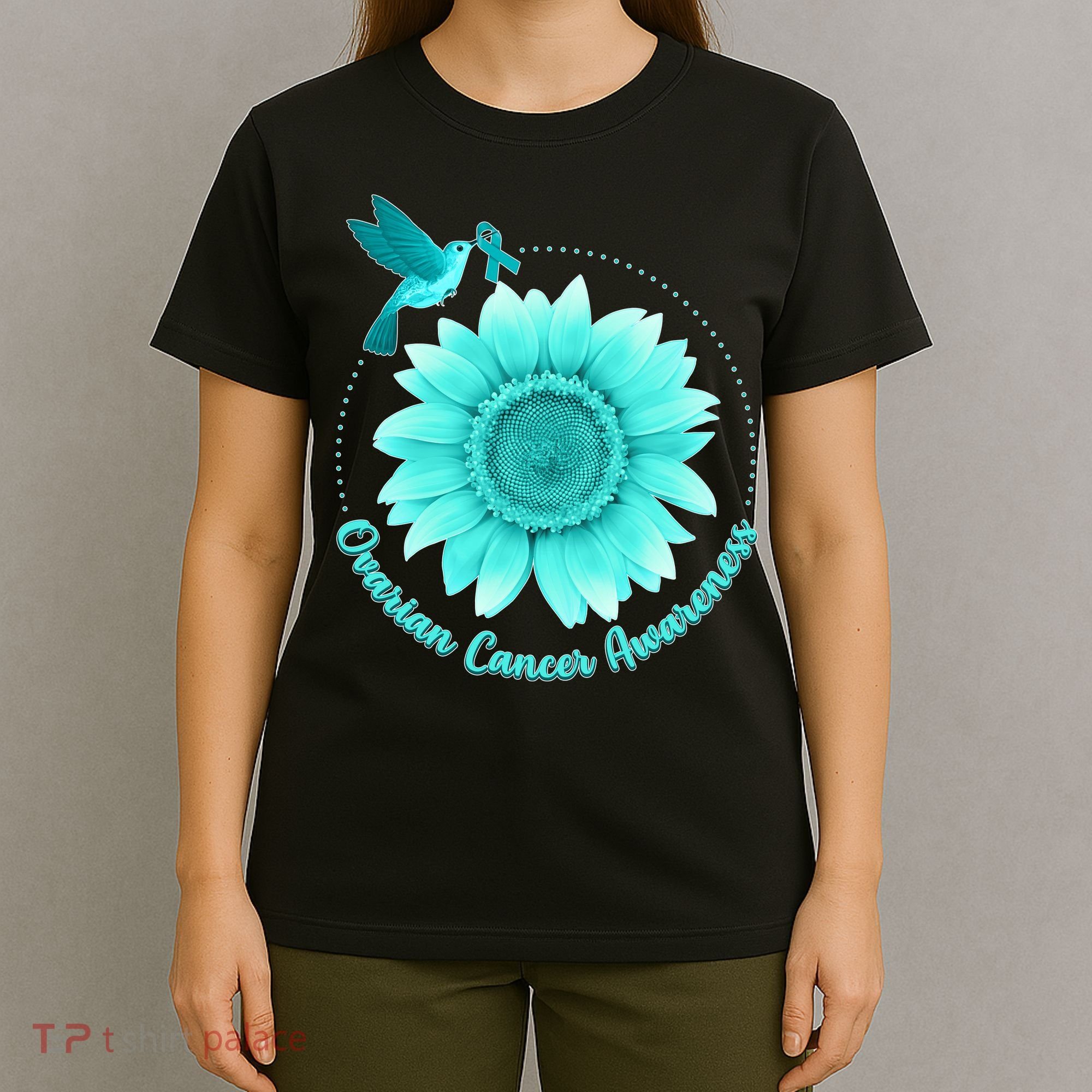 Ovarian Cancer Awareness Teal Hummingbird Sunflower T-Shirt