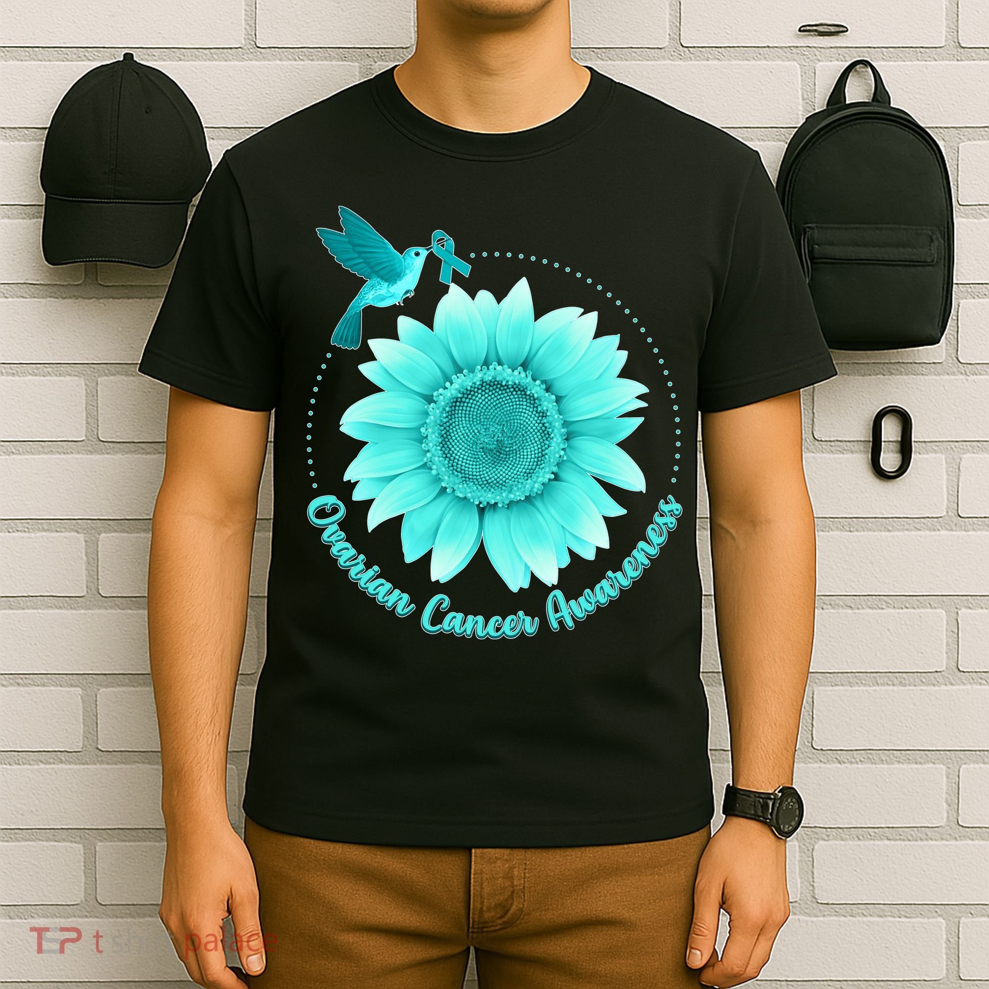 Ovarian Cancer Awareness Teal Hummingbird Sunflower T-Shirt