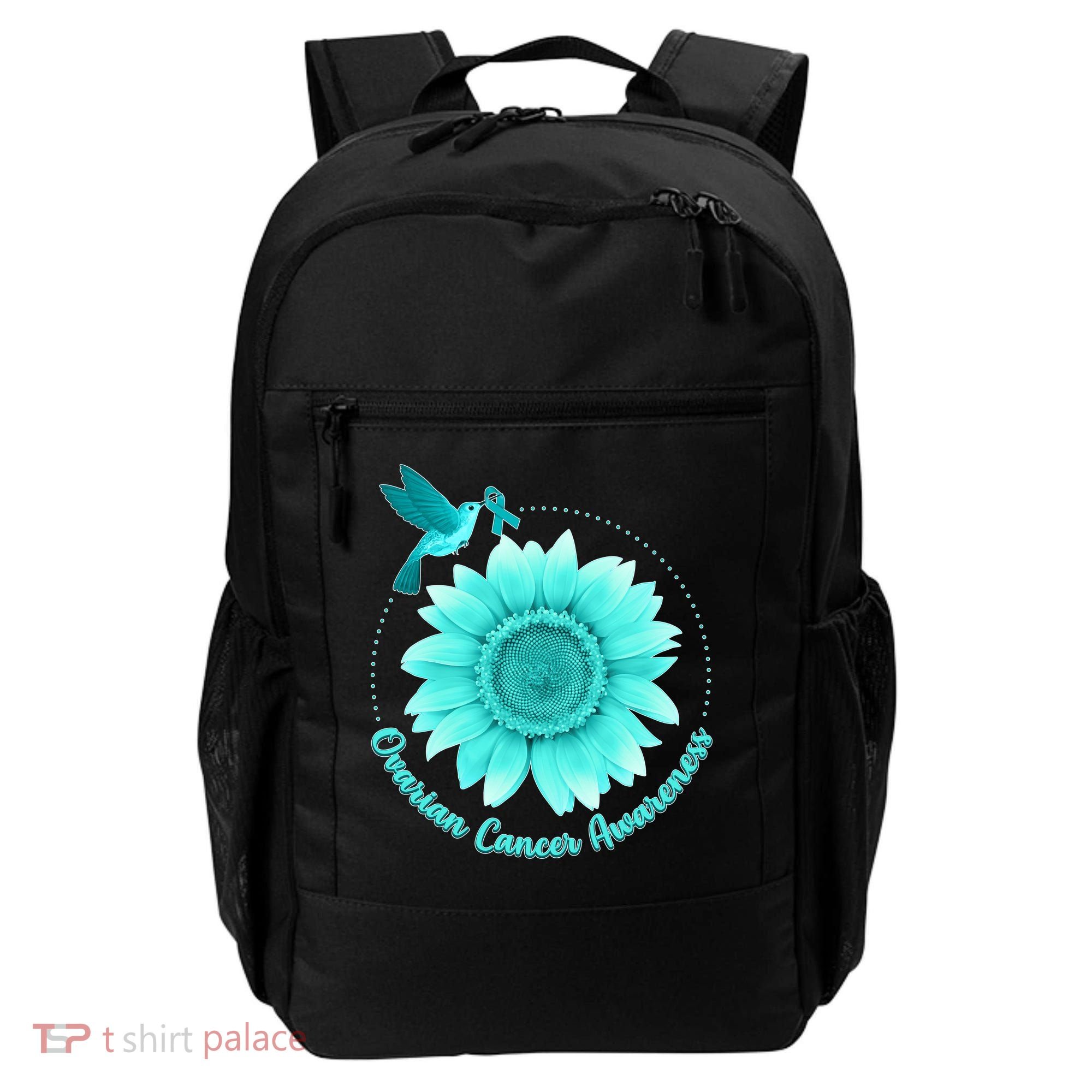 Ovarian Cancer Awareness Teal Hummingbird Sunflower Backpack