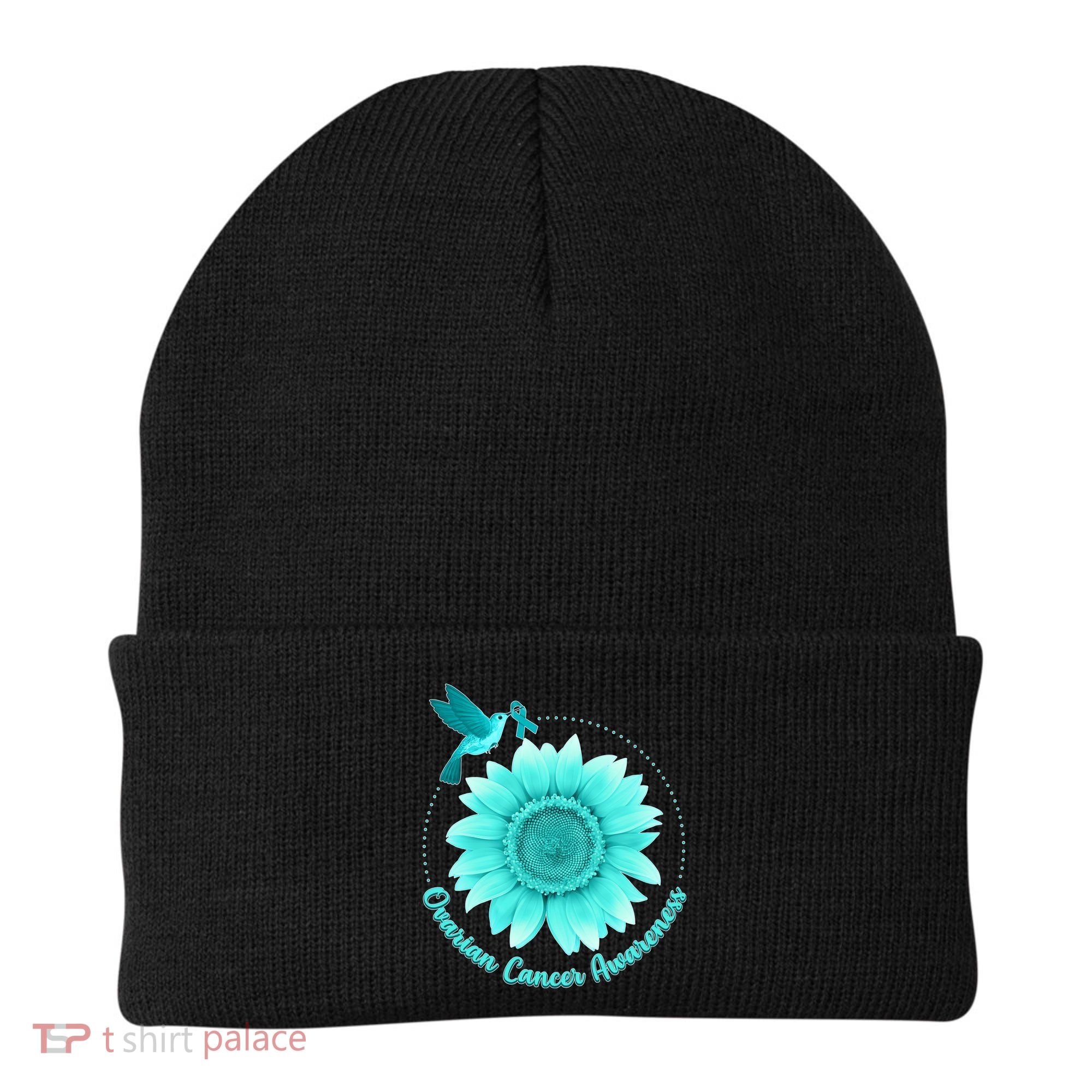 Ovarian Cancer Awareness Teal Hummingbird Sunflower Beanie