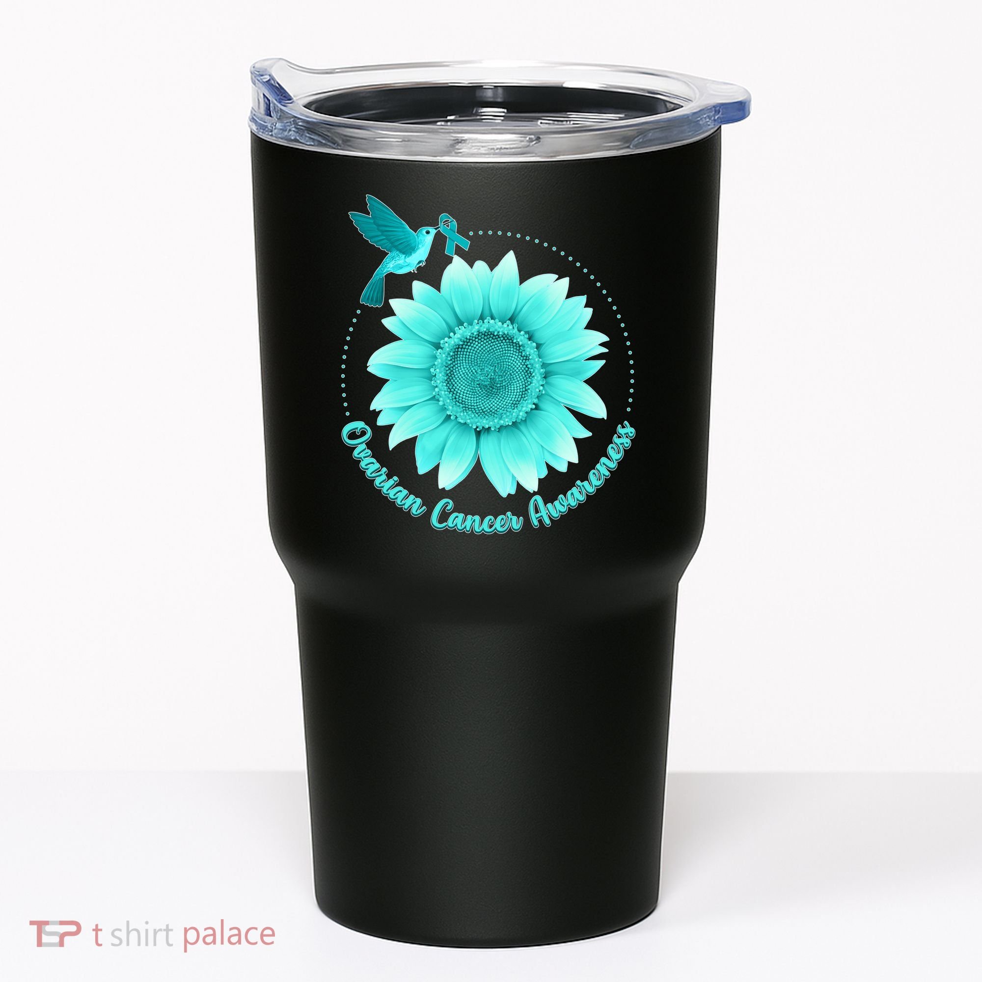 Ovarian Cancer Awareness Teal Hummingbird Sunflower Tumbler