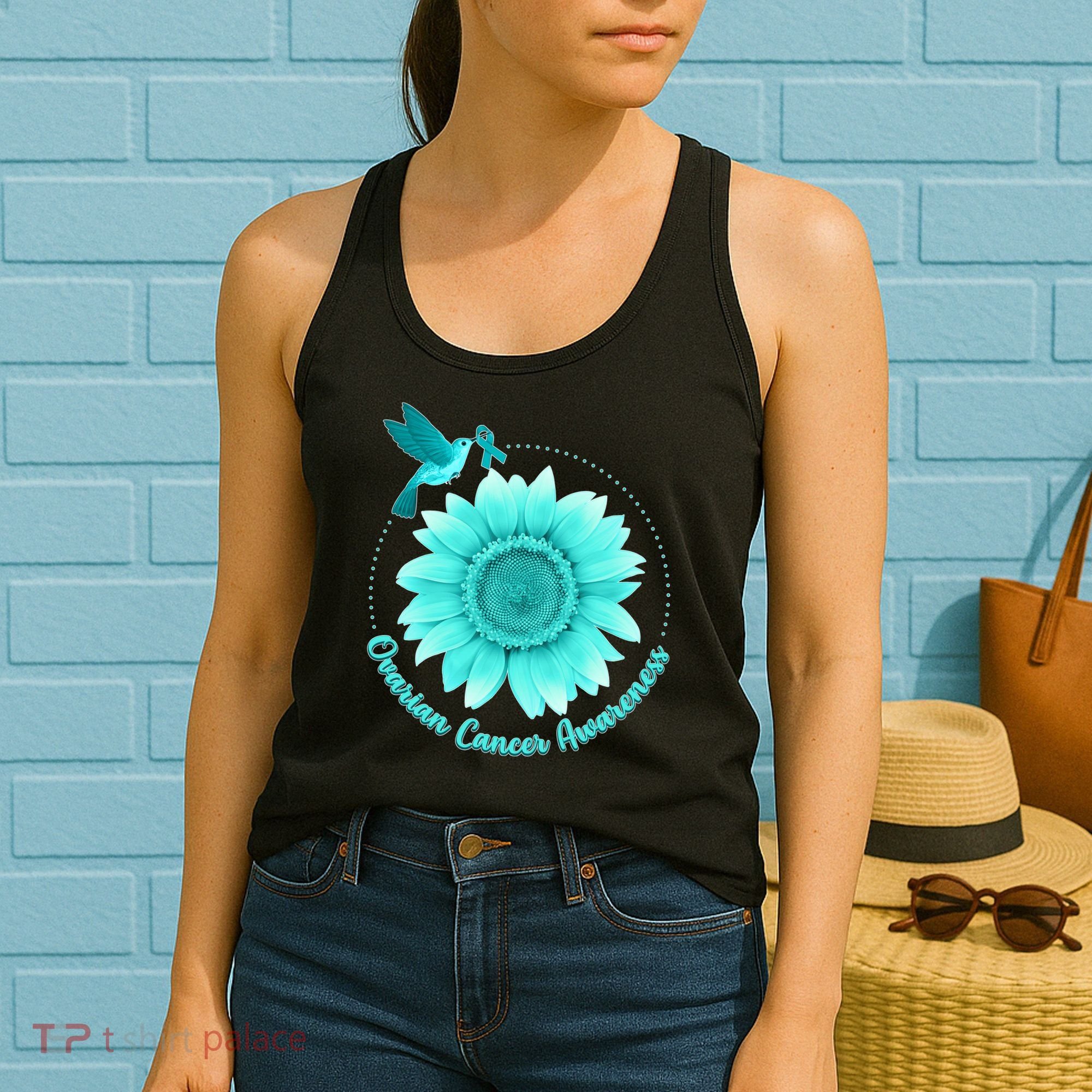 Ovarian Cancer Awareness Teal Hummingbird Sunflower Women's Tank Top