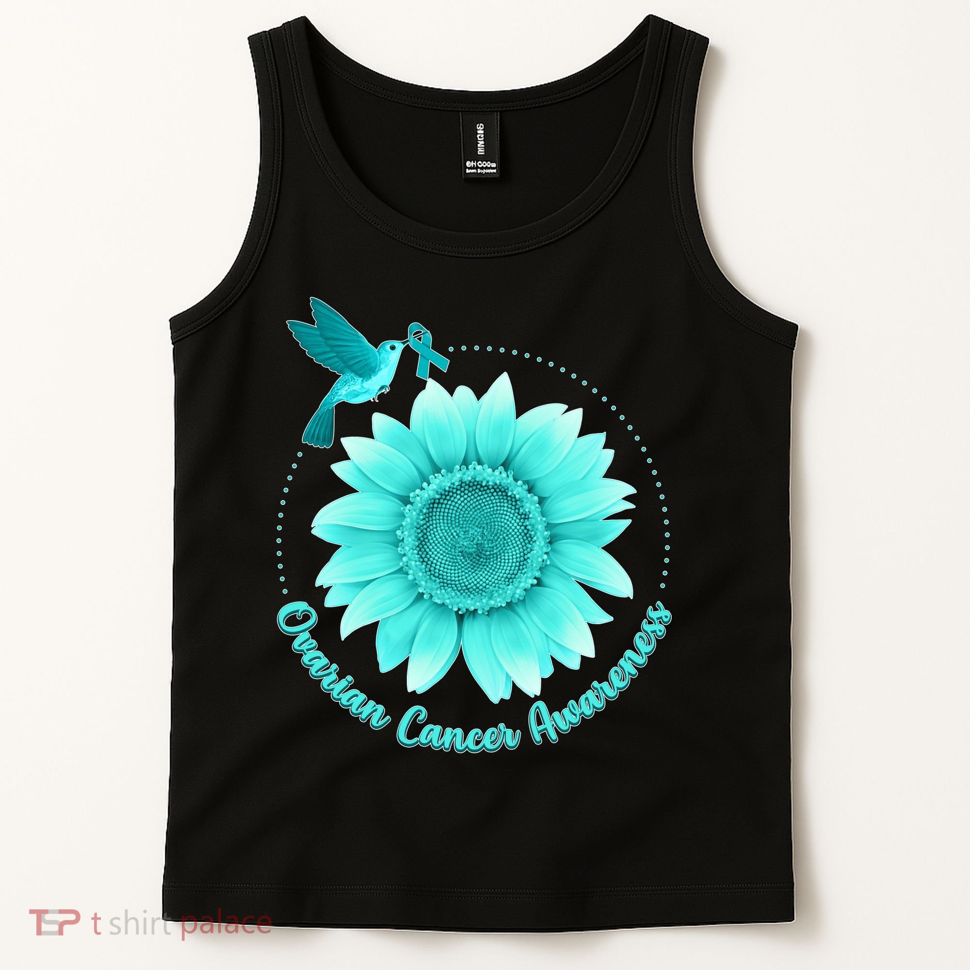 Ovarian Cancer Awareness Teal Hummingbird Sunflower Tank Top
