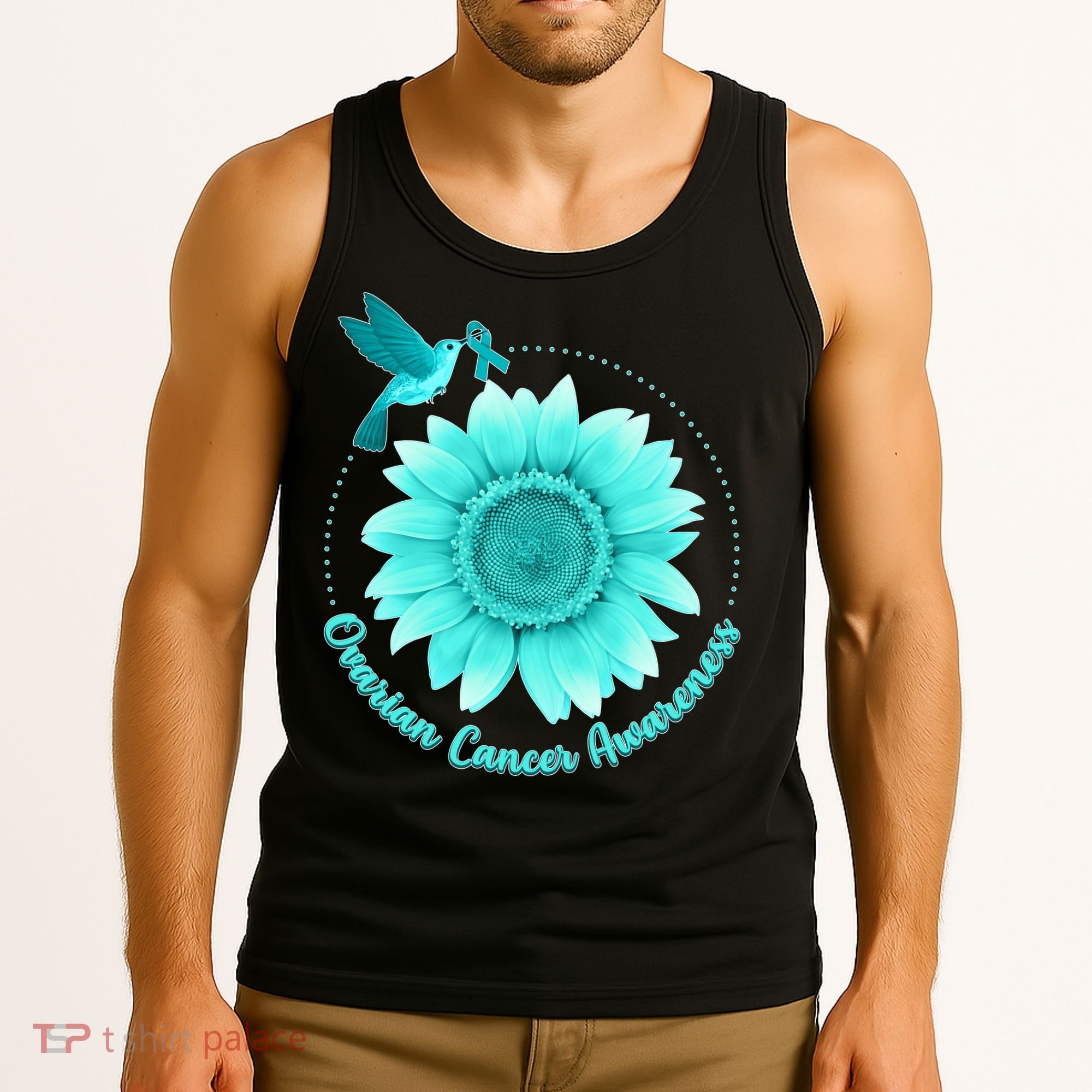 Ovarian Cancer Awareness Teal Hummingbird Sunflower Tank Top