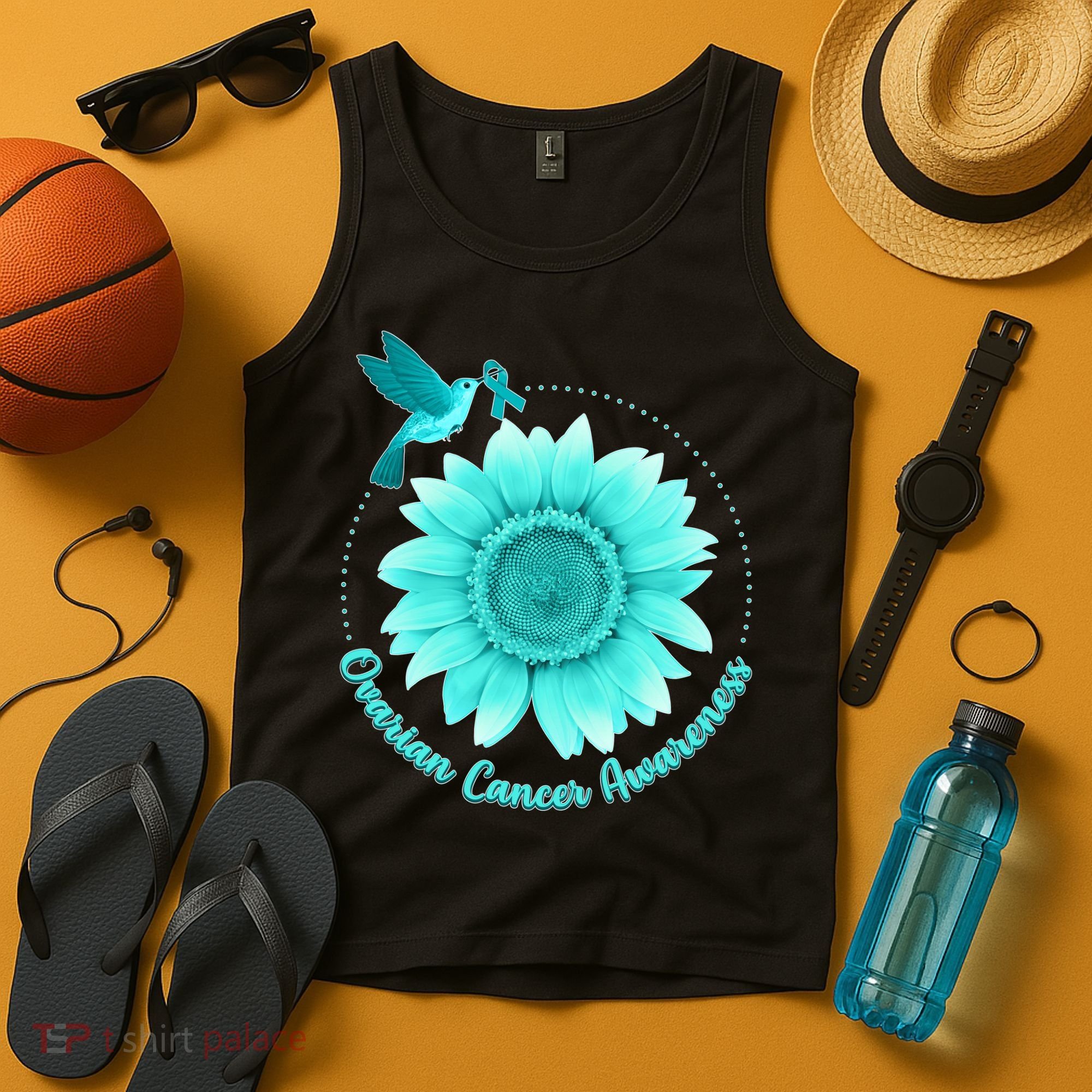 Ovarian Cancer Awareness Teal Hummingbird Sunflower Tank Top