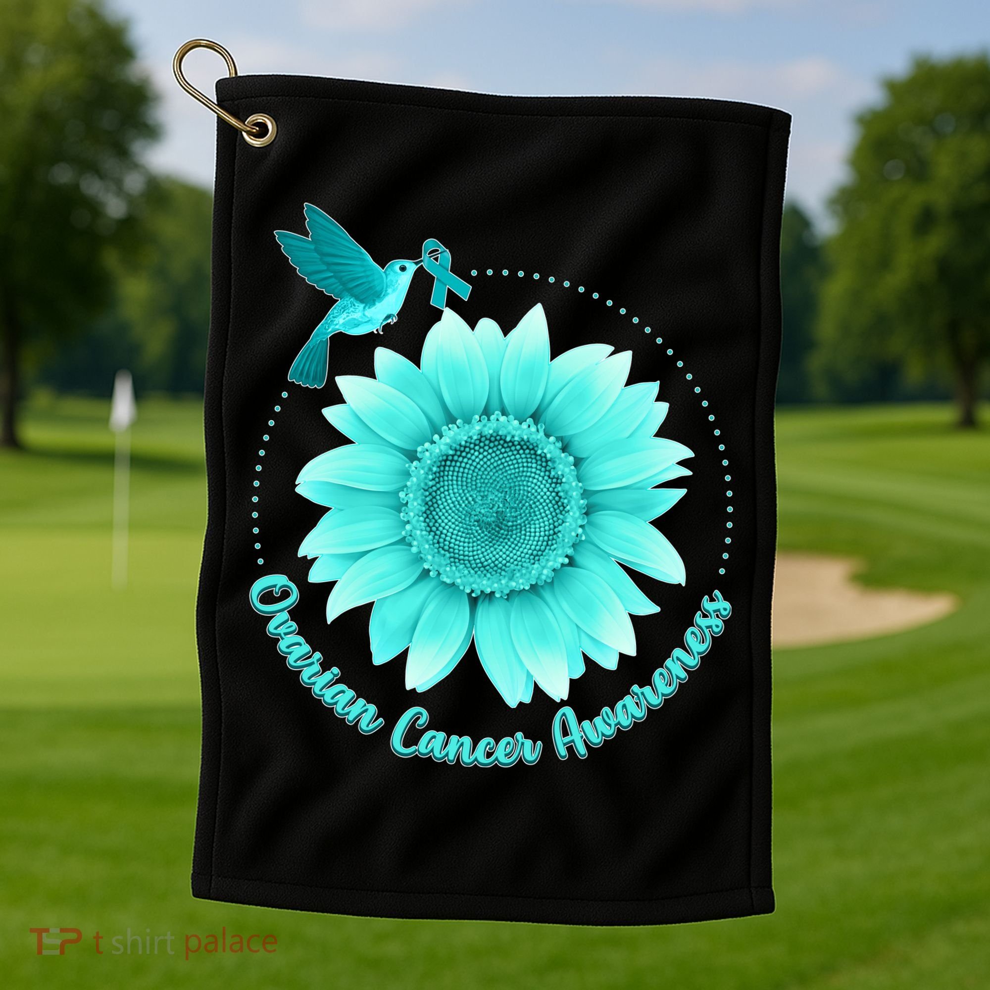 Ovarian Cancer Awareness Teal Hummingbird Sunflower Golf Towel