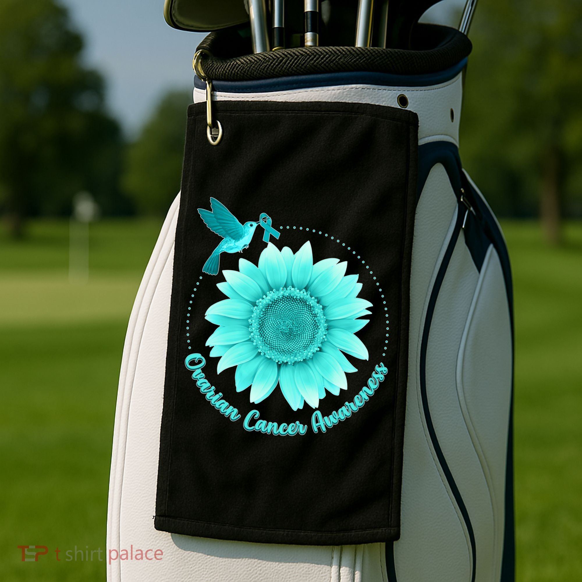 Ovarian Cancer Awareness Teal Hummingbird Sunflower Golf Towel