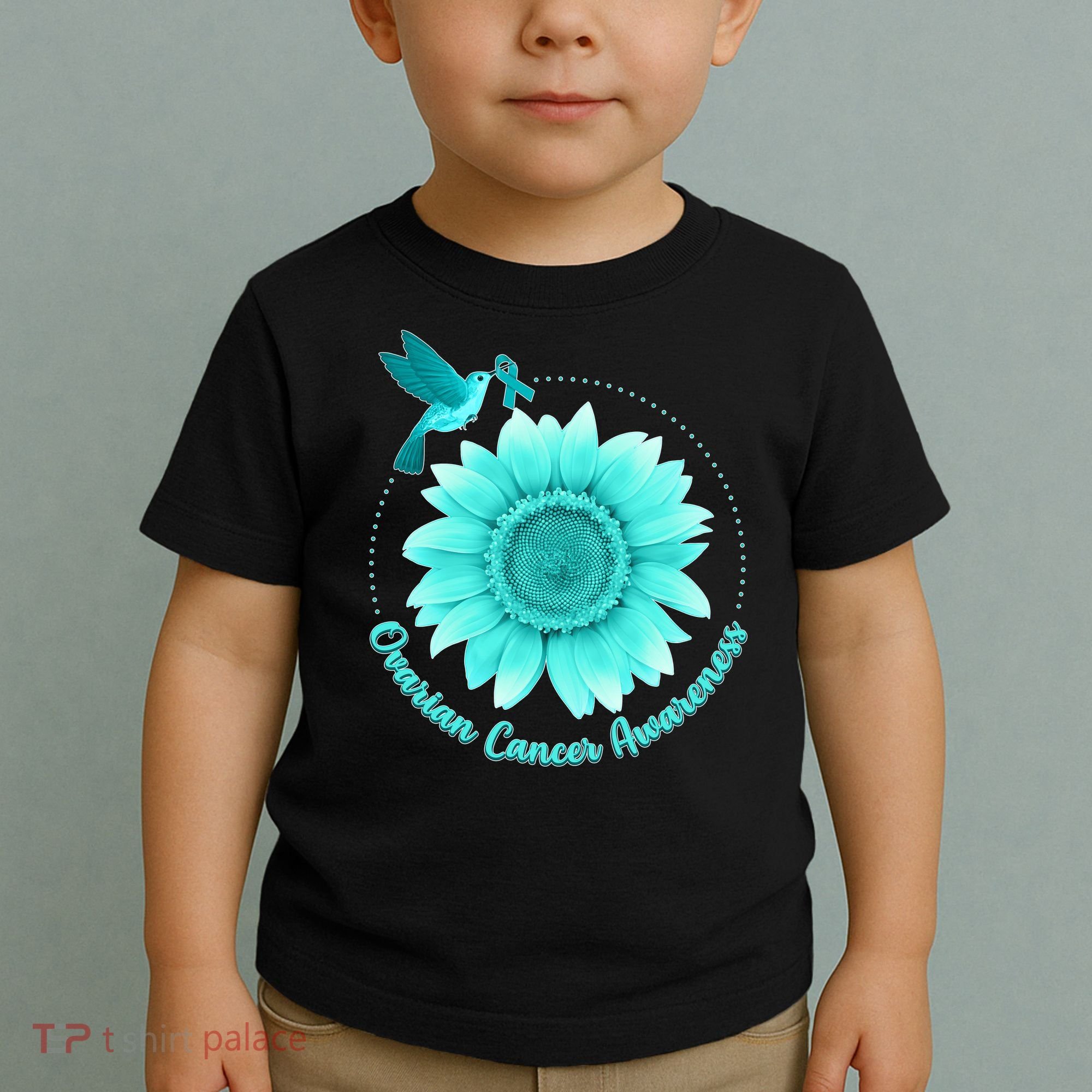 Ovarian Cancer Awareness Teal Hummingbird Sunflower Toddler T-Shirt