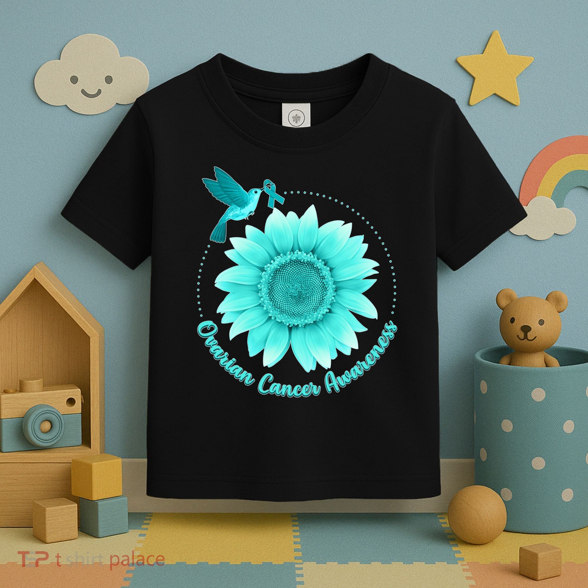Ovarian Cancer Awareness Teal Hummingbird Sunflower Toddler T-Shirt