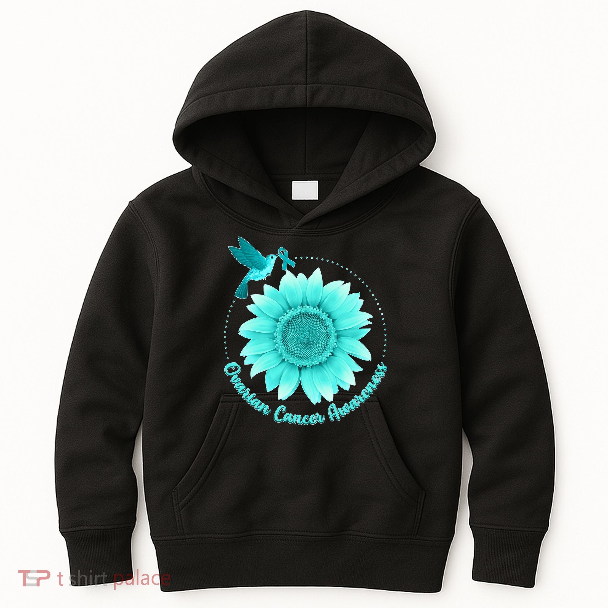 Ovarian Cancer Awareness Teal Hummingbird Sunflower Kids Hoodie