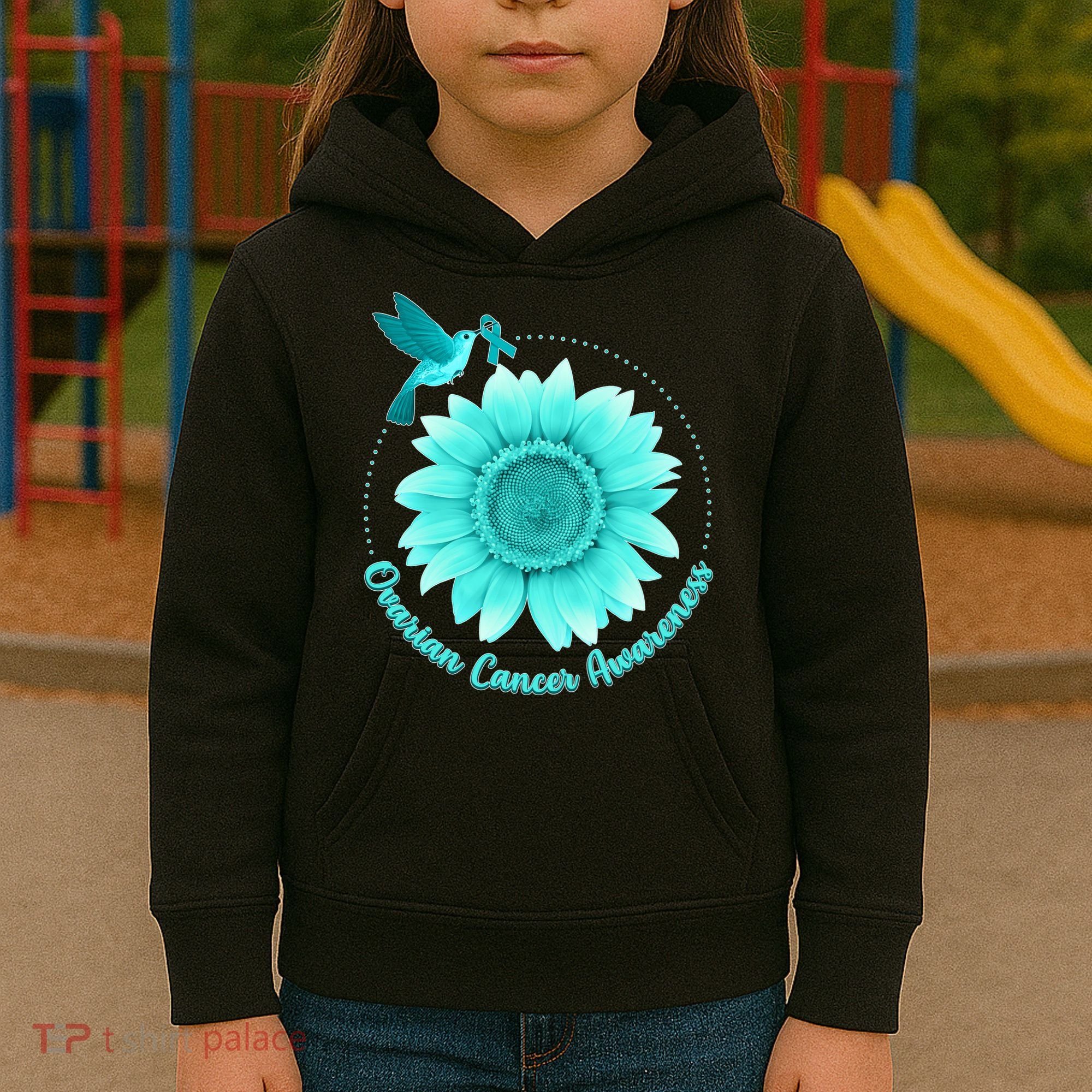Ovarian Cancer Awareness Teal Hummingbird Sunflower Kids Hoodie